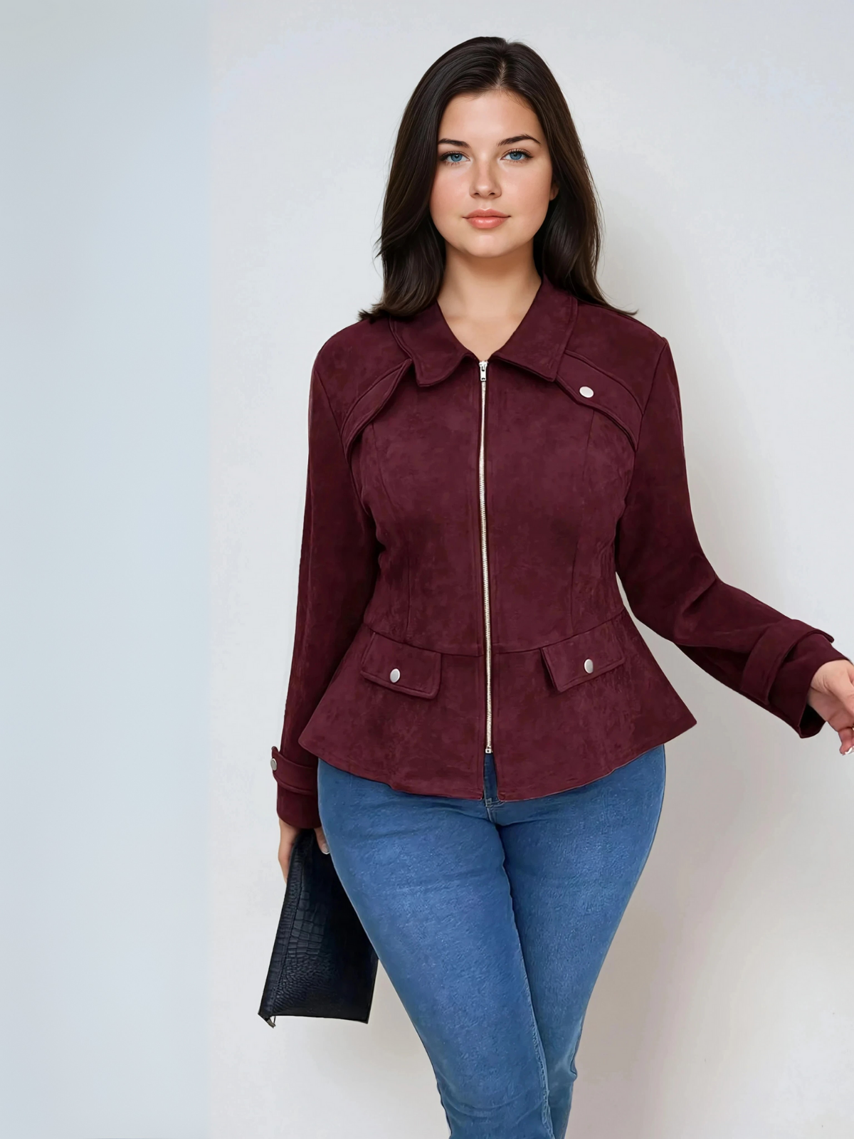 Plus Size Waisted Burgundy Casual Jacket With Front Zipper
