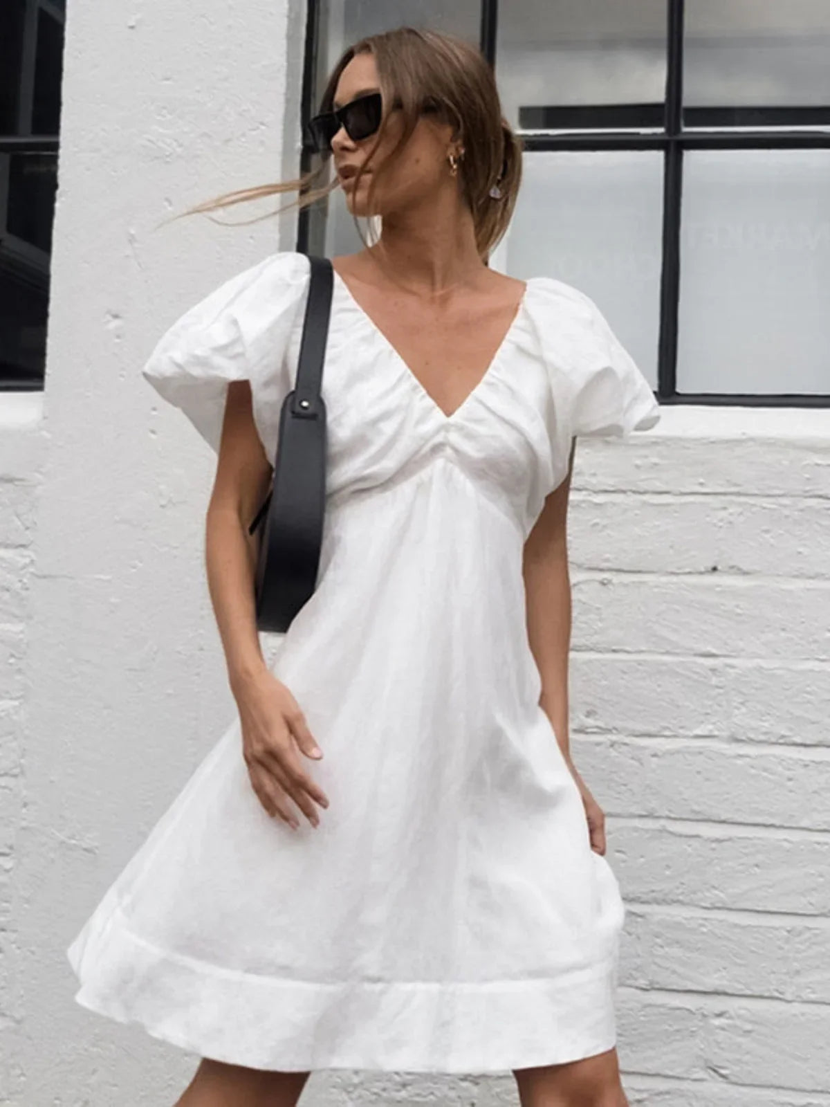 Cotton V-Neck Puff Sleeves Backless Dress | LA FEMME WANDERER Cotton V-Neck Puff Sleeves Backless Dress | LA FEMME WANDERER