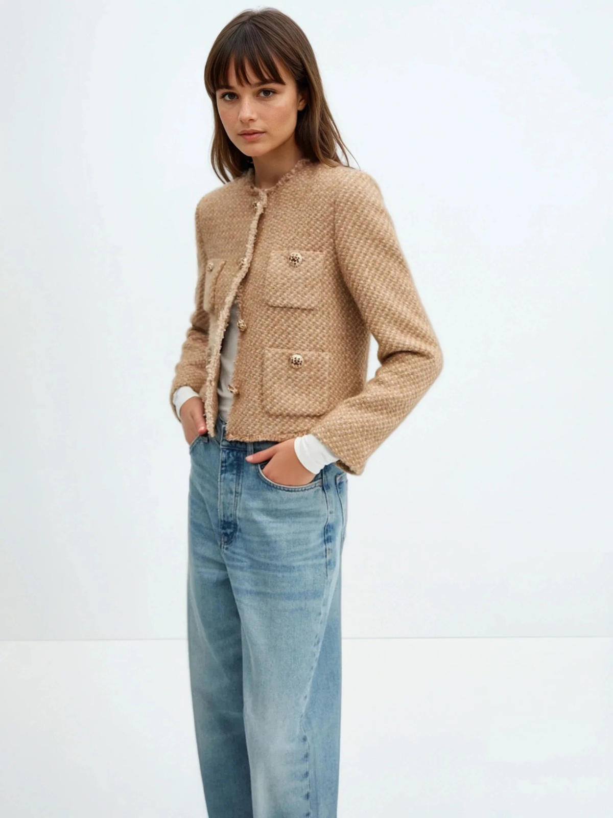 Round Neck Single-breasted Tweed Cardigan | LA FEMME WANDERER
