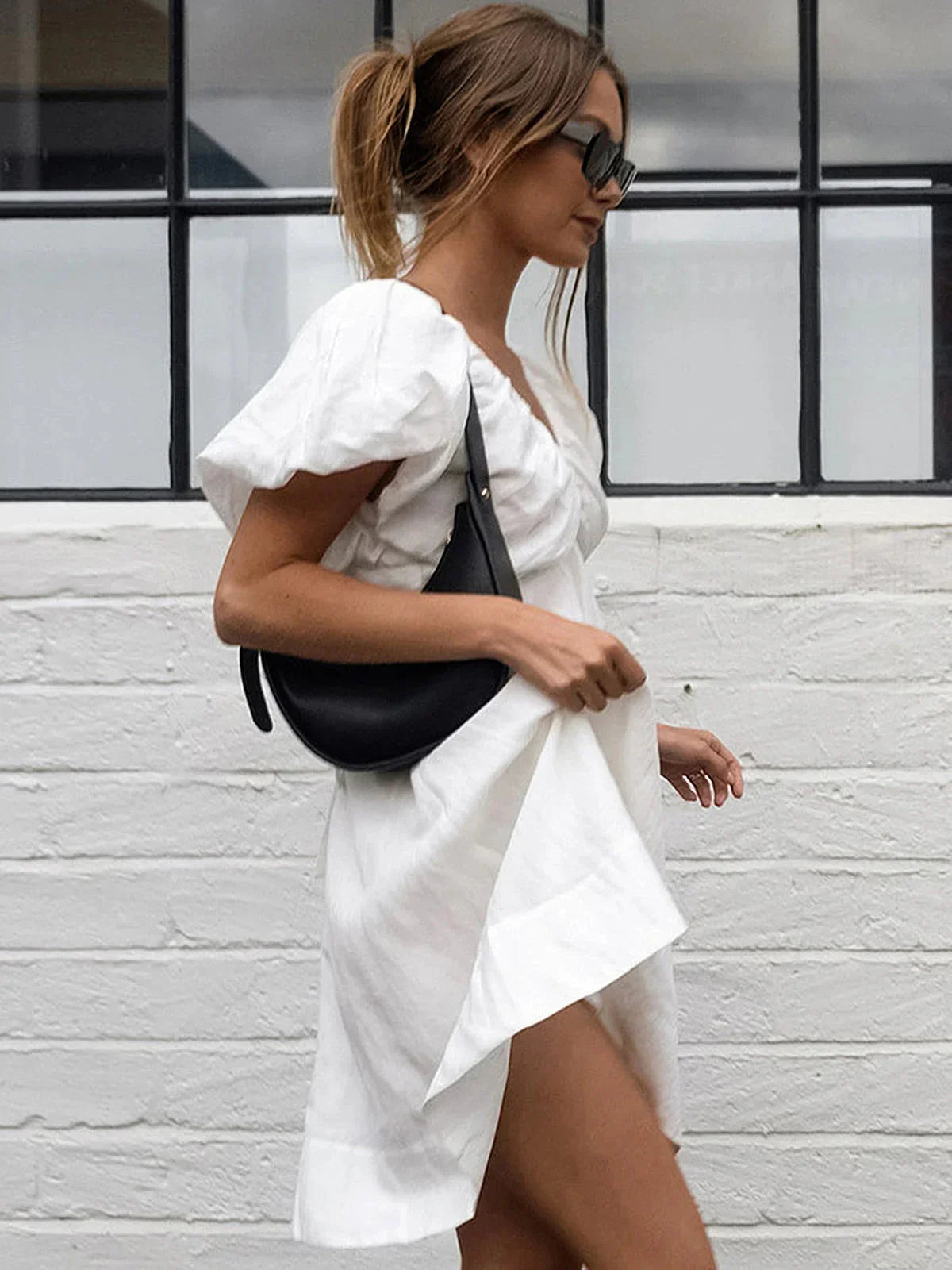Cotton V-Neck Puff Sleeves Backless Dress | LA FEMME WANDERER Cotton V-Neck Puff Sleeves Backless Dress | LA FEMME WANDERER