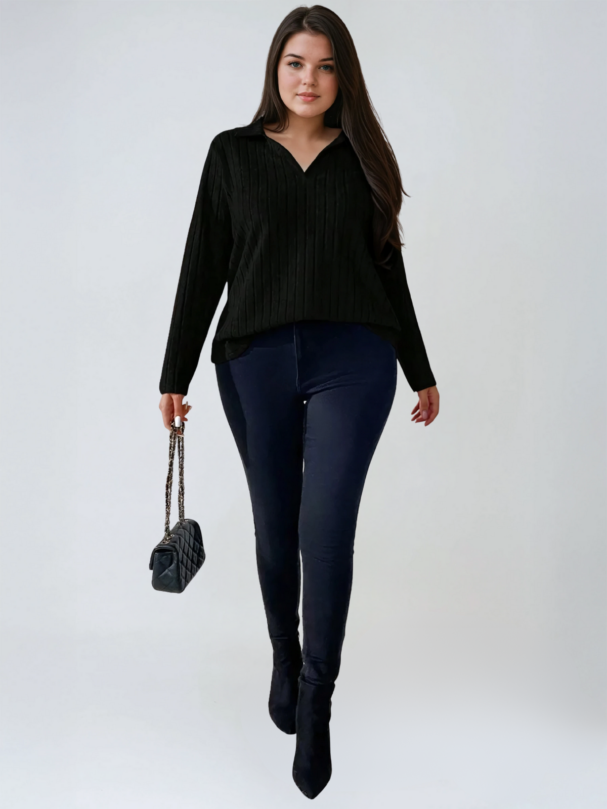 Plus Size Ribbed Turndown Collar Long Sleeve Tee Casual