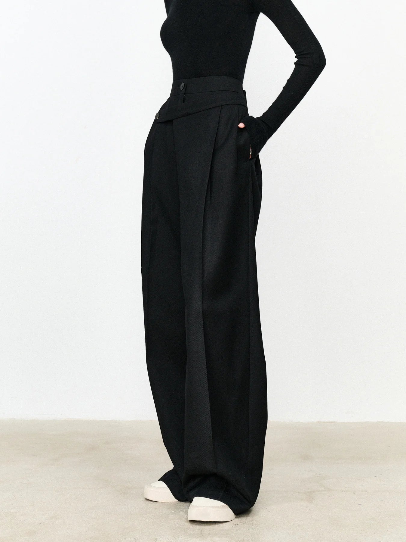 Asymmetric Layer Button Straight Leg Dress Pants