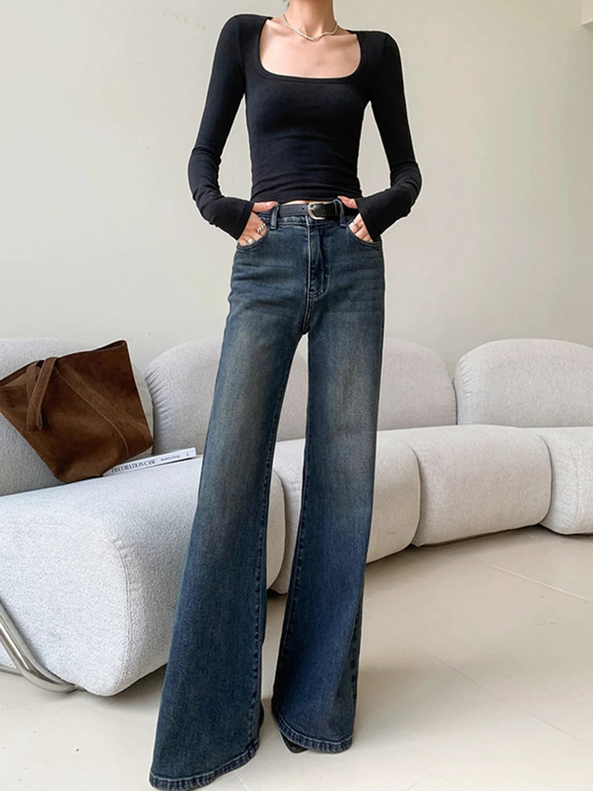 Vintage Denim Washed Wide Leg Jeans