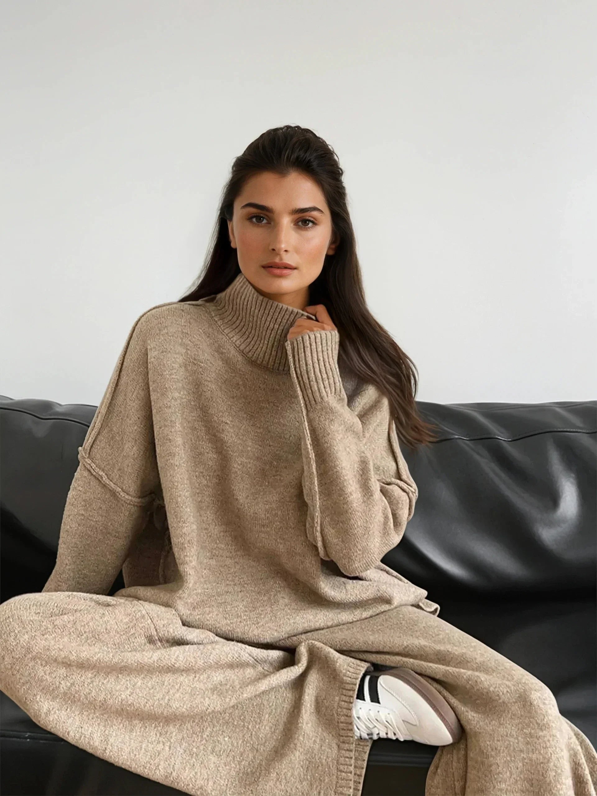 Plain Turtleneck Knit and Pants Set | LA FEMME WANDERER Plain Turtleneck Knit and Pants Set | LA FEMME WANDERER