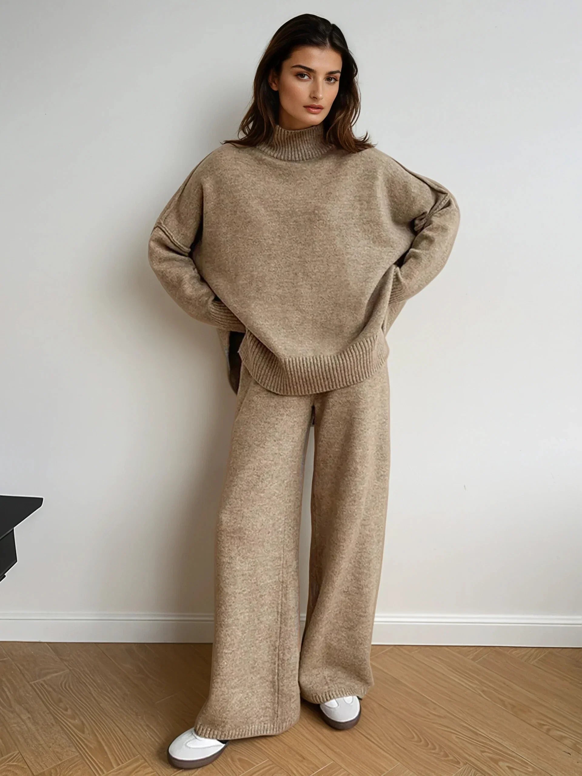 Plain Turtleneck Knit and Pants Set | LA FEMME WANDERER Plain Turtleneck Knit and Pants Set | LA FEMME WANDERER