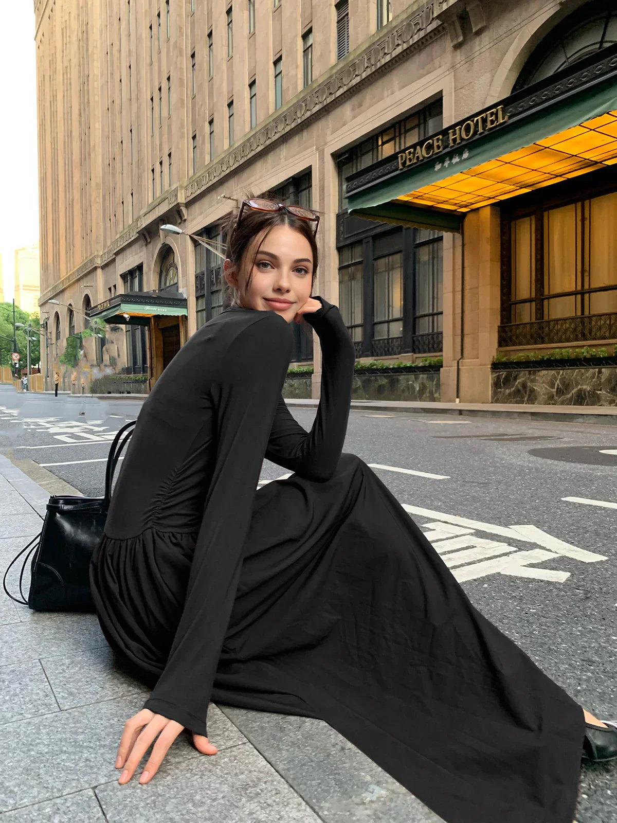 Plain Long Sleeve Pleated Dress | LA FEMME WANDERER Plain Long Sleeve Pleated Dress | LA FEMME WANDERER