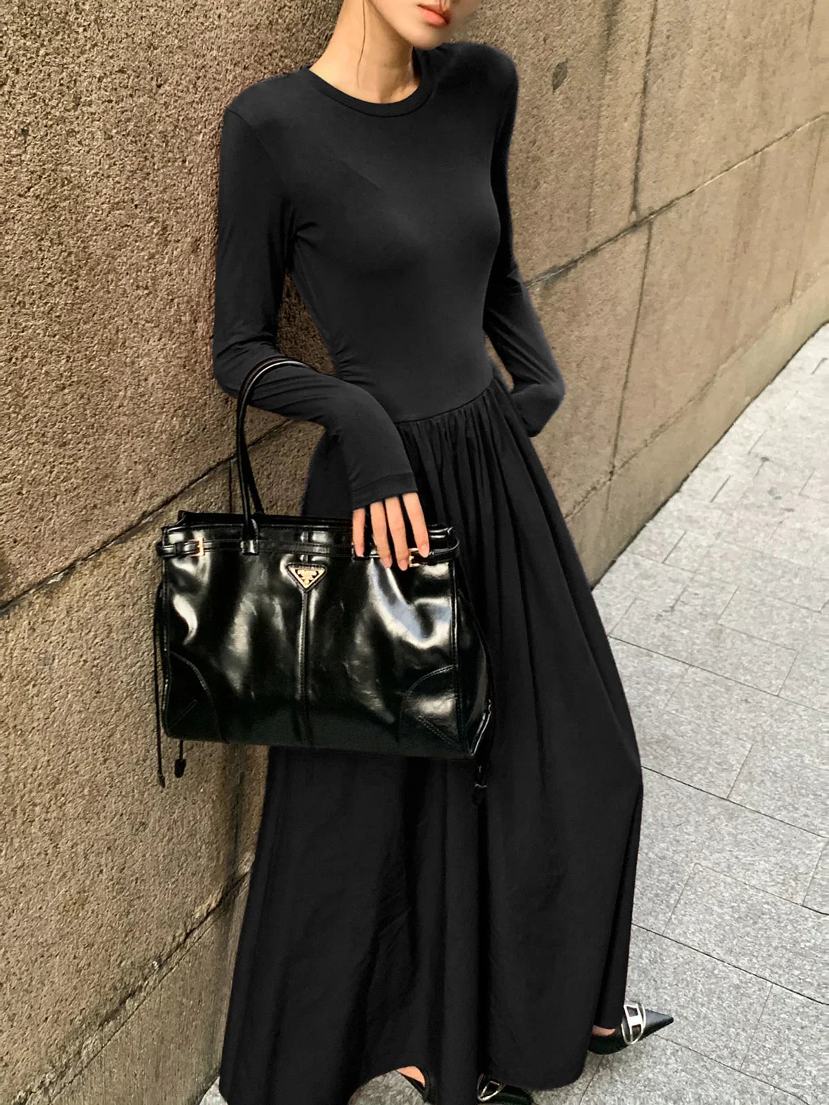 Plain Long Sleeve Pleated Dress | LA FEMME WANDERER Plain Long Sleeve Pleated Dress | LA FEMME WANDERER