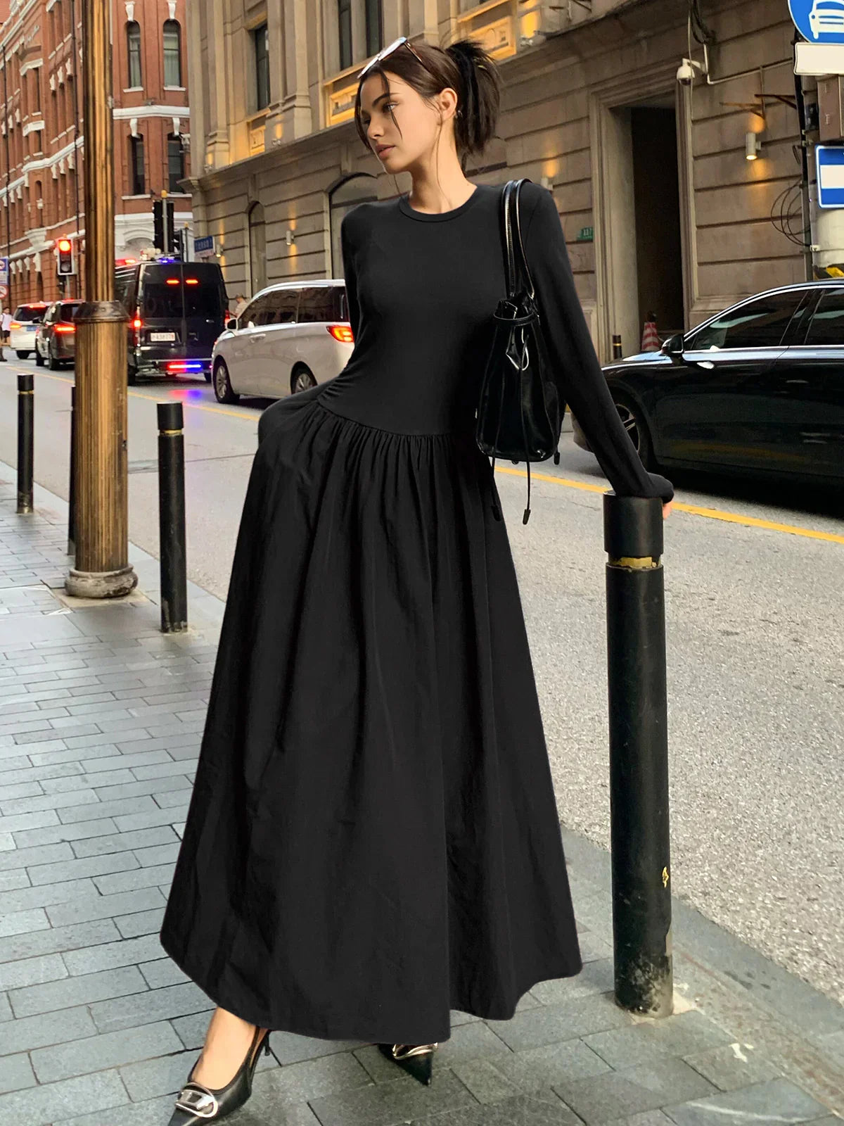 Plain Long Sleeve Pleated Dress | LA FEMME WANDERER Plain Long Sleeve Pleated Dress | LA FEMME WANDERER