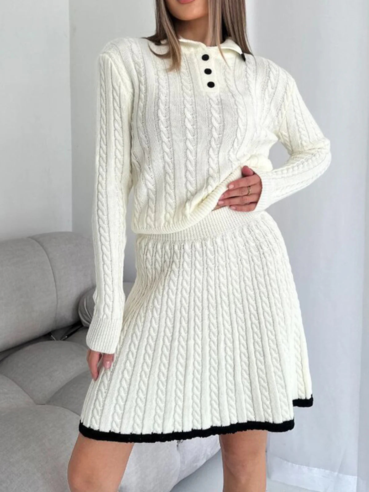 Contrast Trim Cable-Knit Lapel Skirt Set