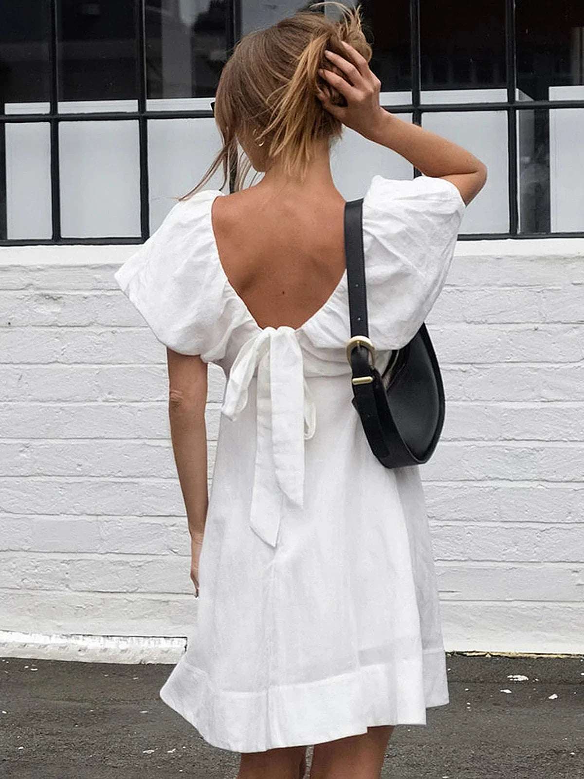 Cotton V-Neck Puff Sleeves Backless Dress | LA FEMME WANDERER Cotton V-Neck Puff Sleeves Backless Dress | LA FEMME WANDERER