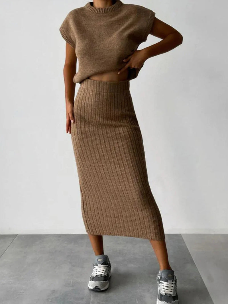 Chunky Knit Tank Top and High Waist Midi Knit Skirt Matching Set