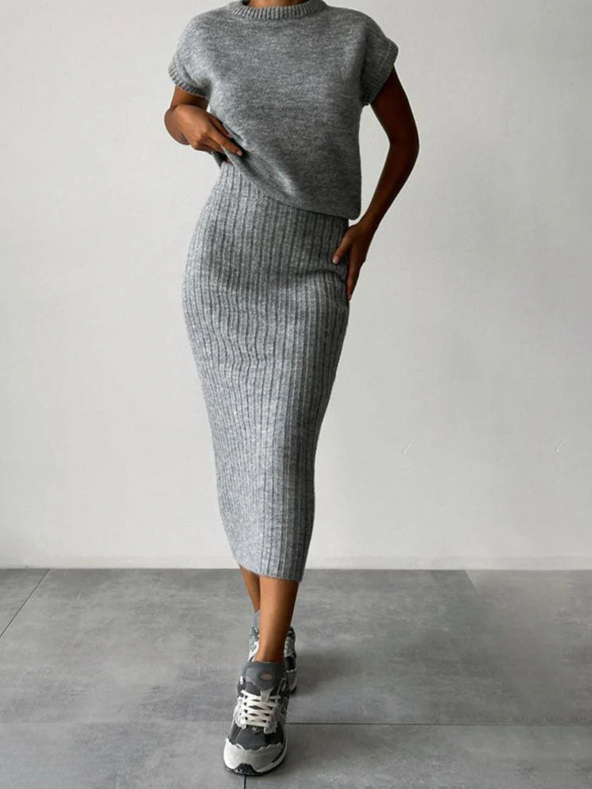 Chunky Knit Tank Top and High Waist Midi Knit Skirt Matching Set