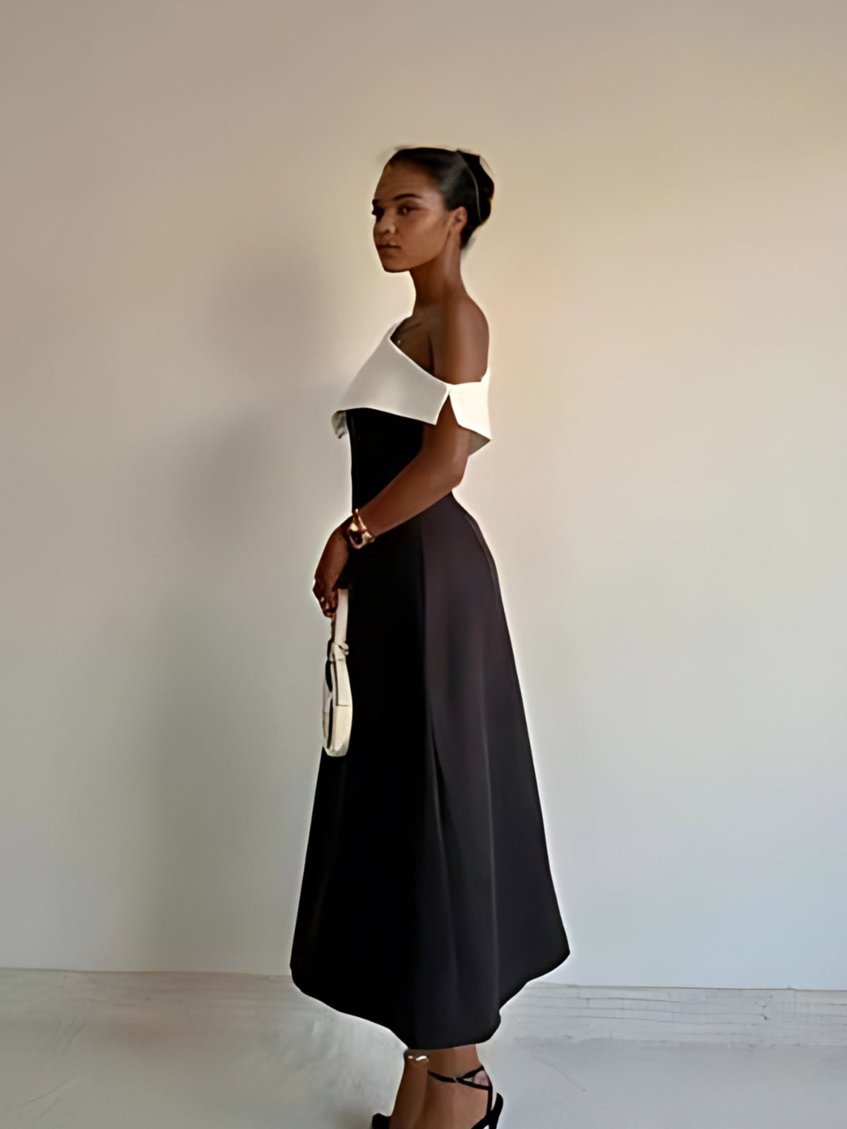 Classic Elegance Black And White Off-shoulder Dress