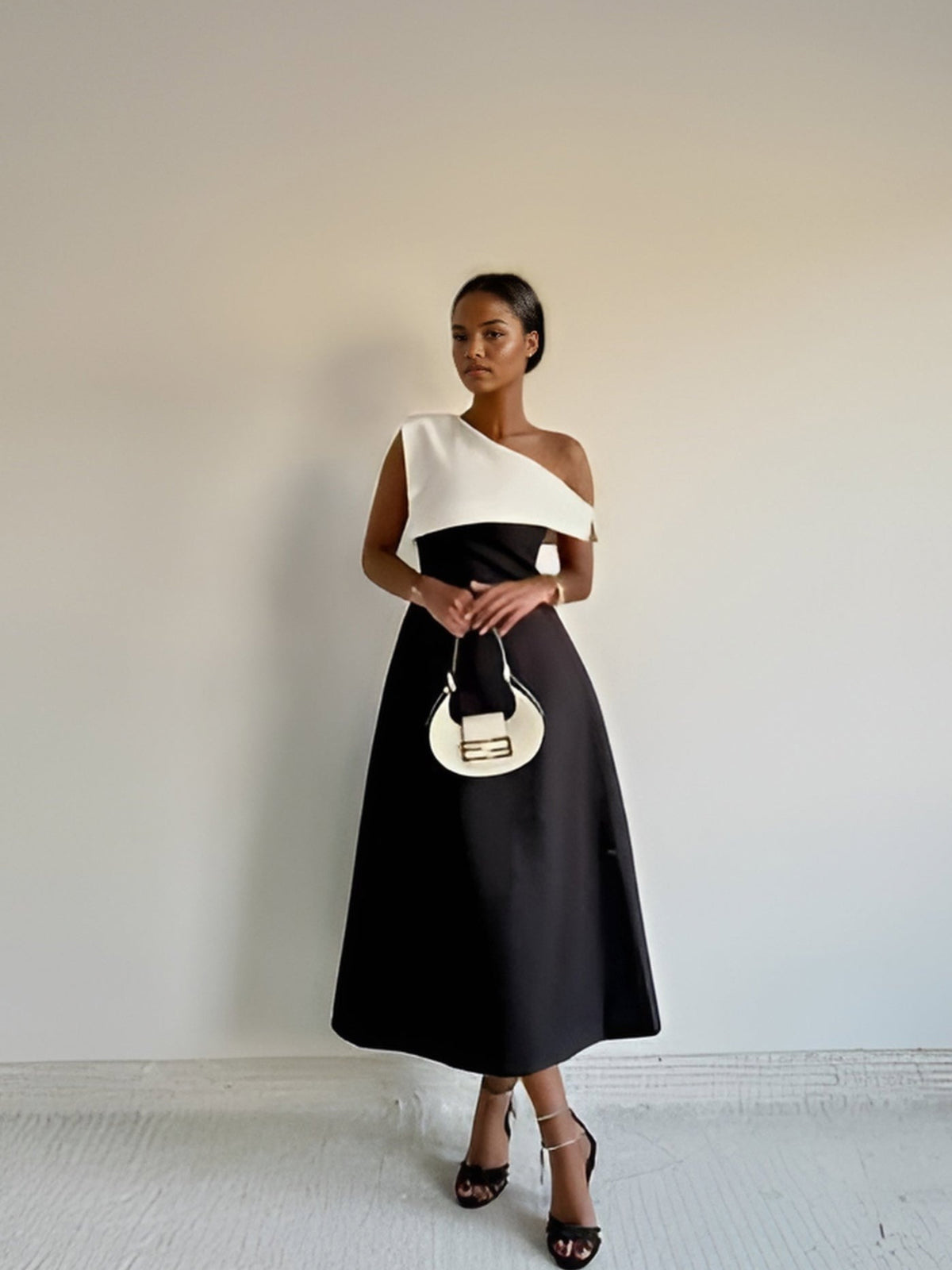 Classic Elegance Black And White Off-shoulder Dress