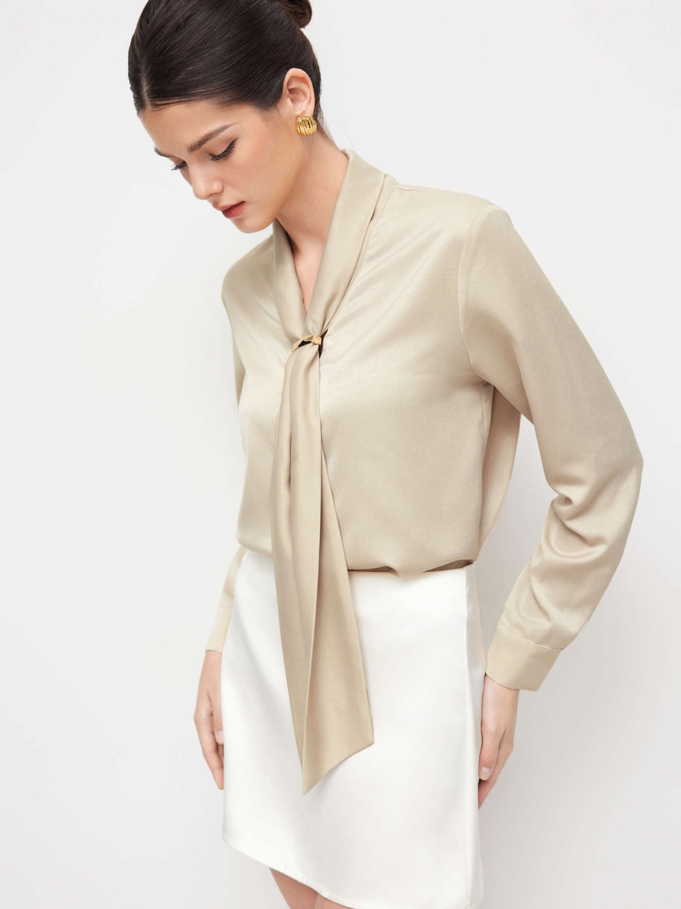 Collar Metal Hook Long Sleeve Blouse With Tie