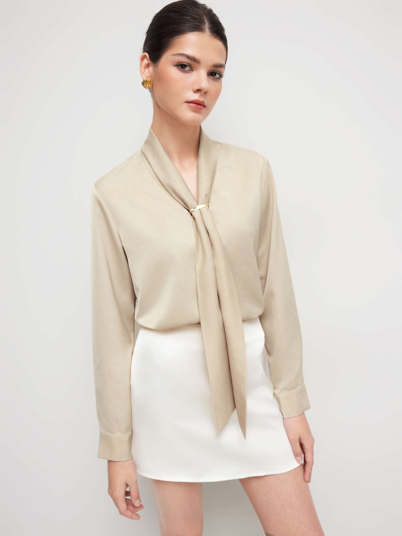 Collar Metal Hook Long Sleeve Blouse With Tie