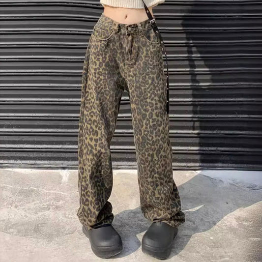 Leopard Print Loose Straight Jeans