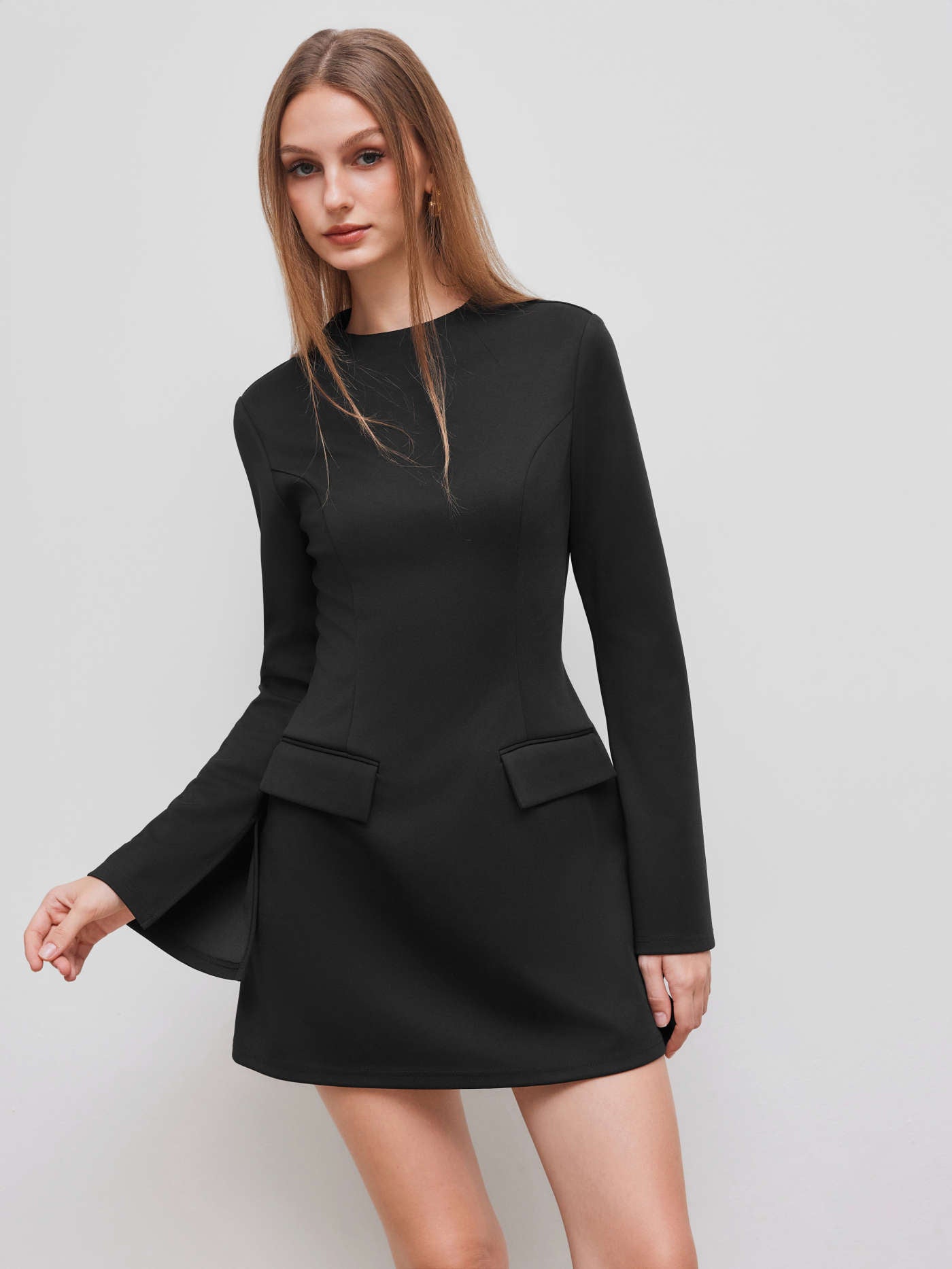 High Neck Solid Long Sleeve Mini Dress - LA FEMME WANDERER