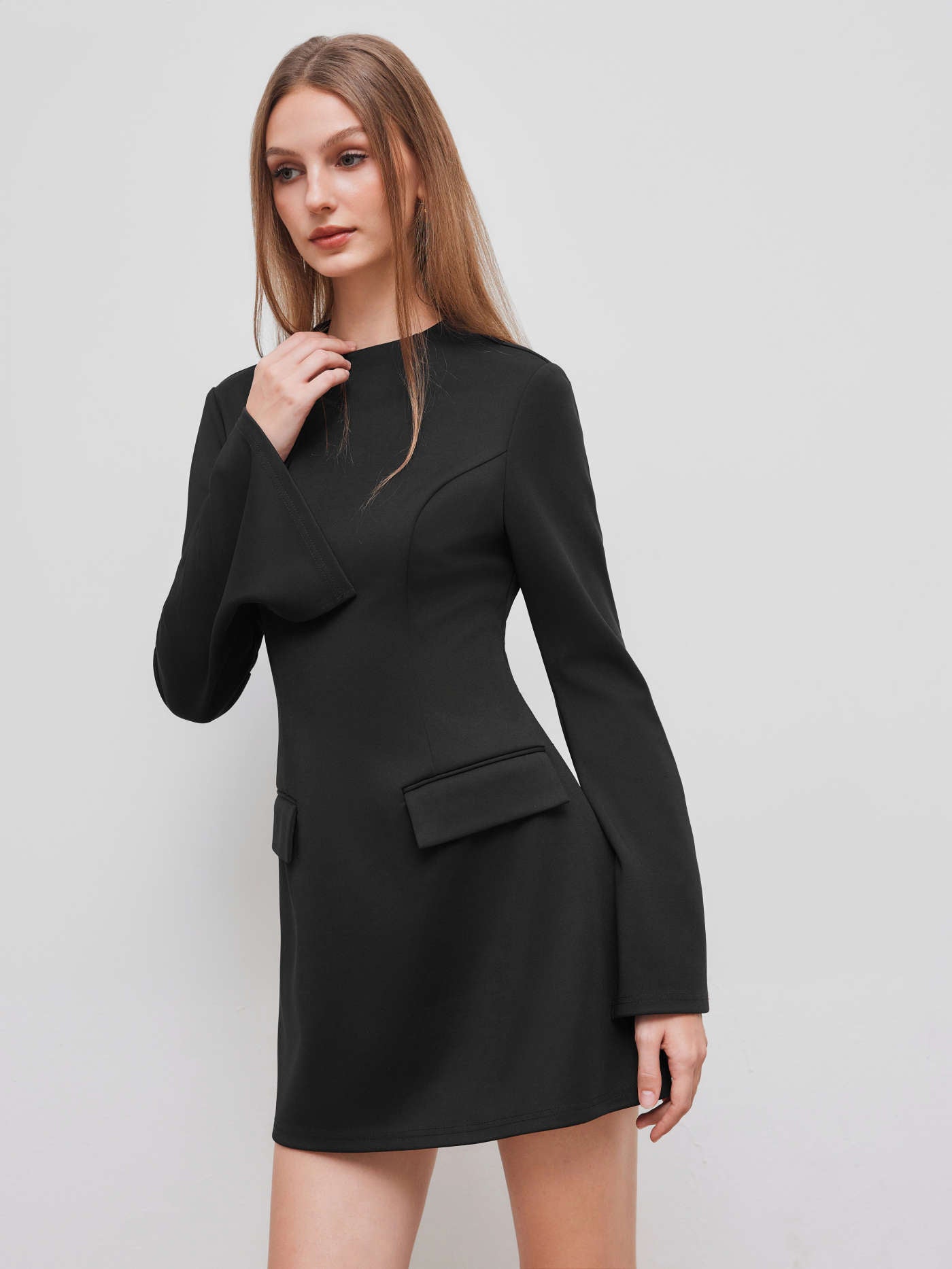 High Neck Solid Long Sleeve Mini Dress - LA FEMME WANDERER