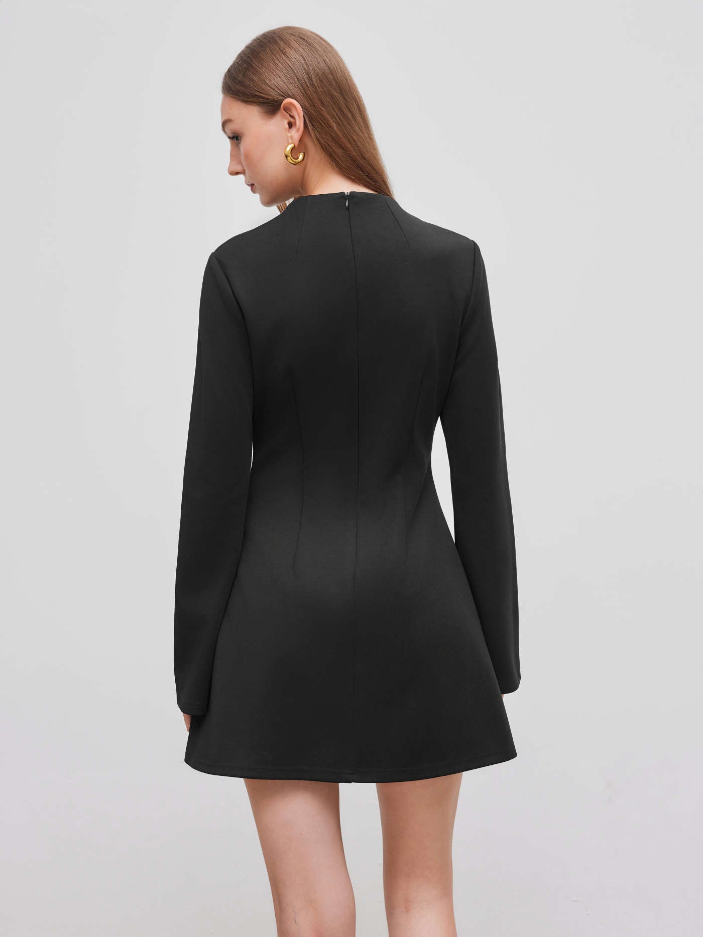 High Neck Solid Long Sleeve Mini Dress - LA FEMME WANDERER