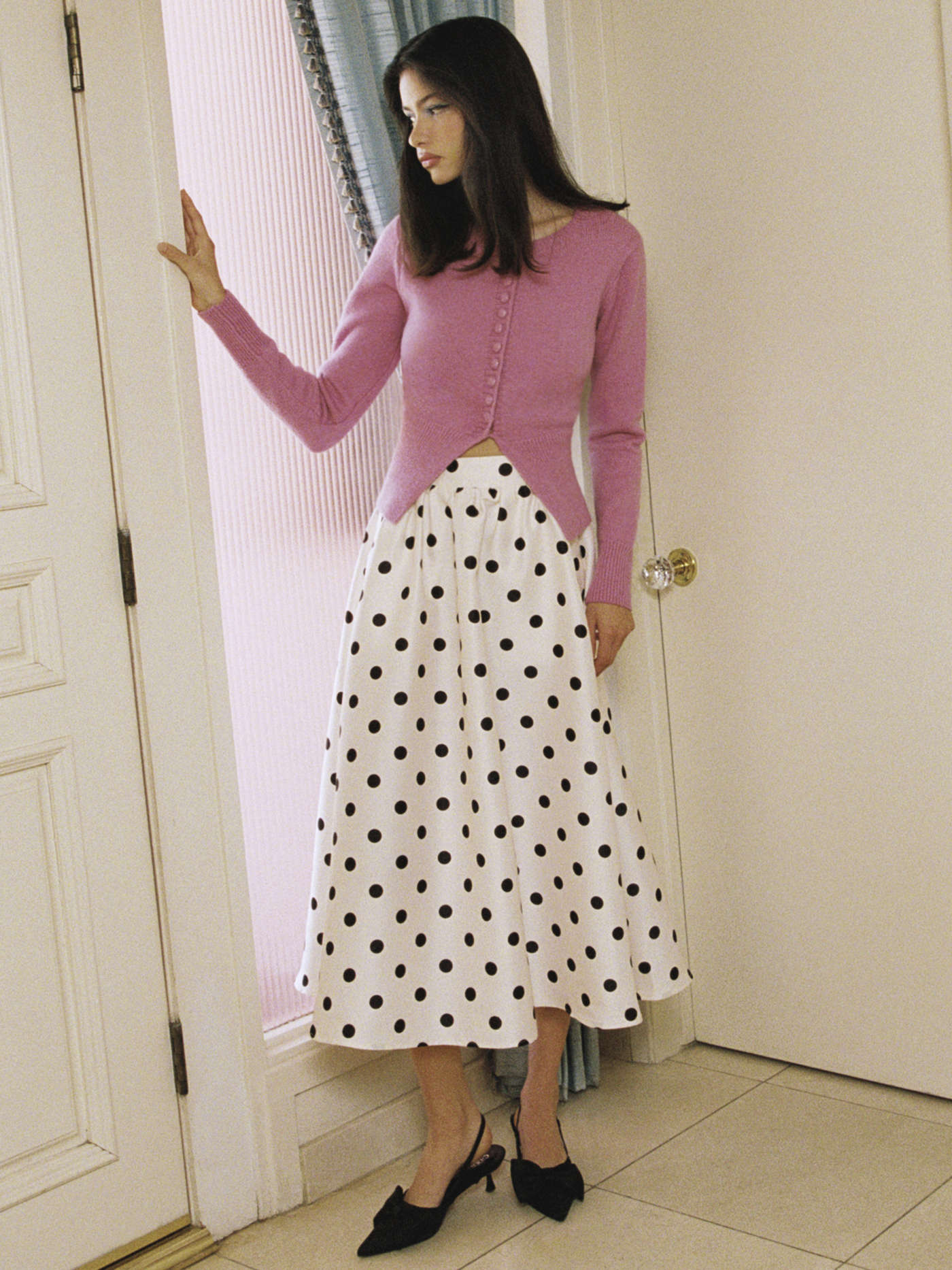 Mid Rise Polka Dot Pocket Ruffle Maxi Skirt