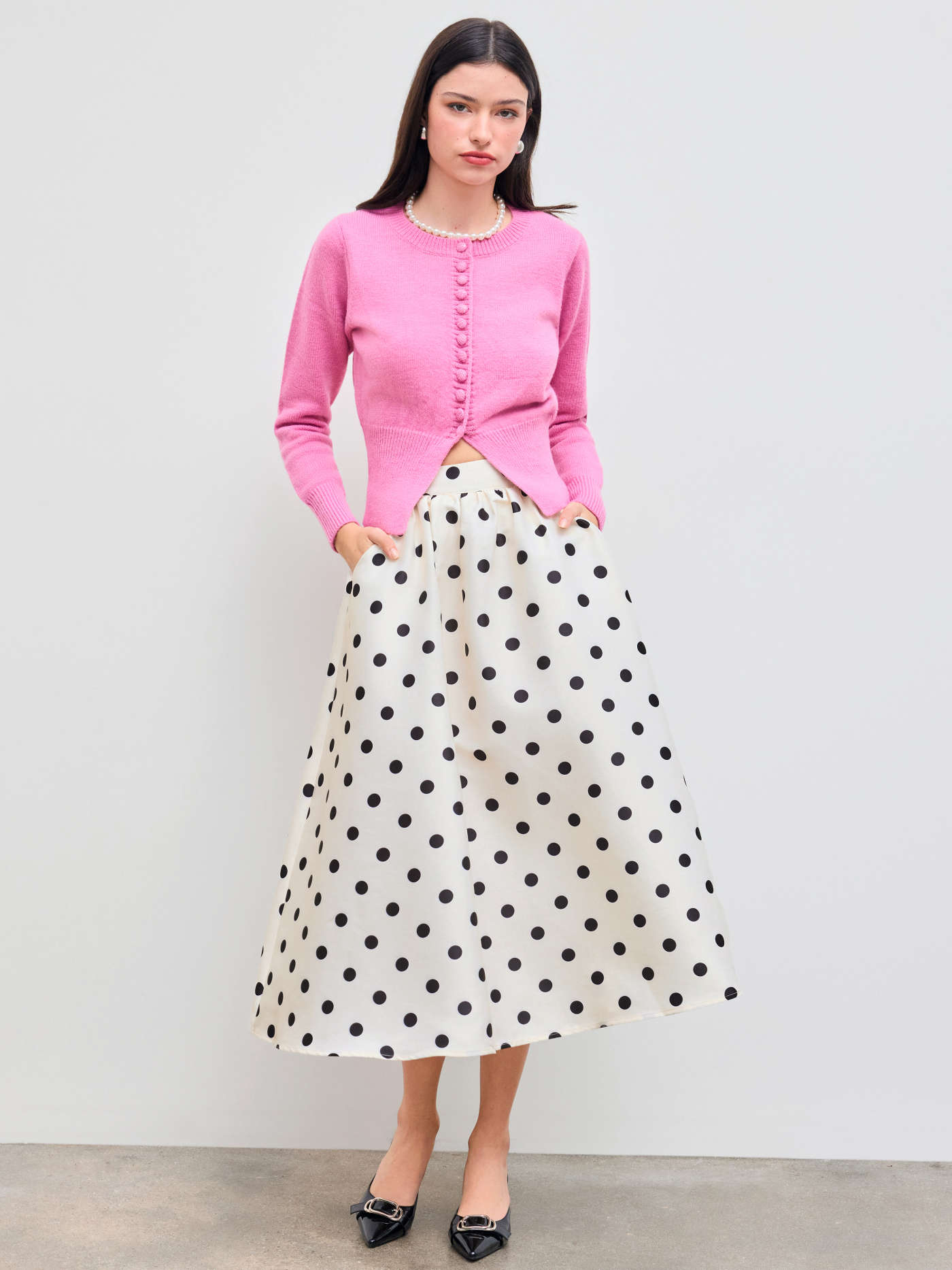 Mid Rise Polka Dot Pocket Ruffle Maxi Skirt