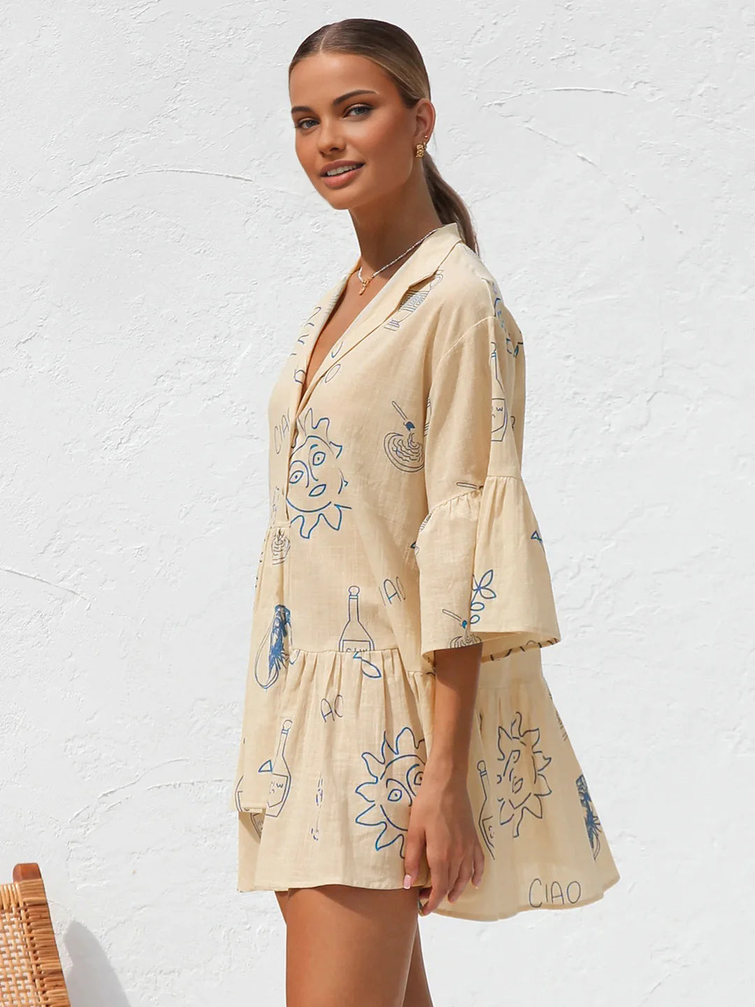 Casual Style Oversized Sun Print Short Dress - LA FEMME WANDERER