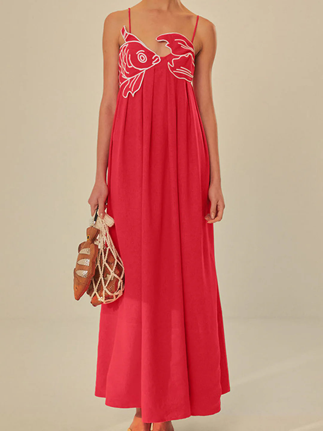 Embroidered Fish Spaghetti Strap Midi Dress - LA FEMME WANDERER