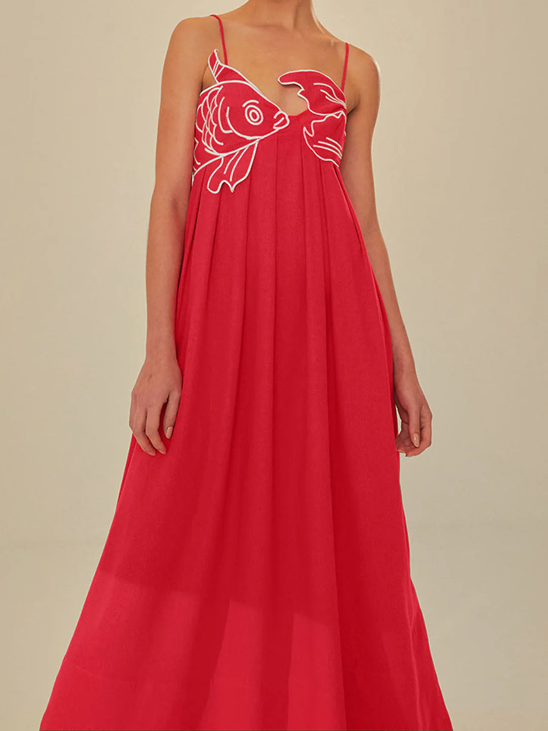 Embroidered Fish Spaghetti Strap Midi Dress - LA FEMME WANDERER