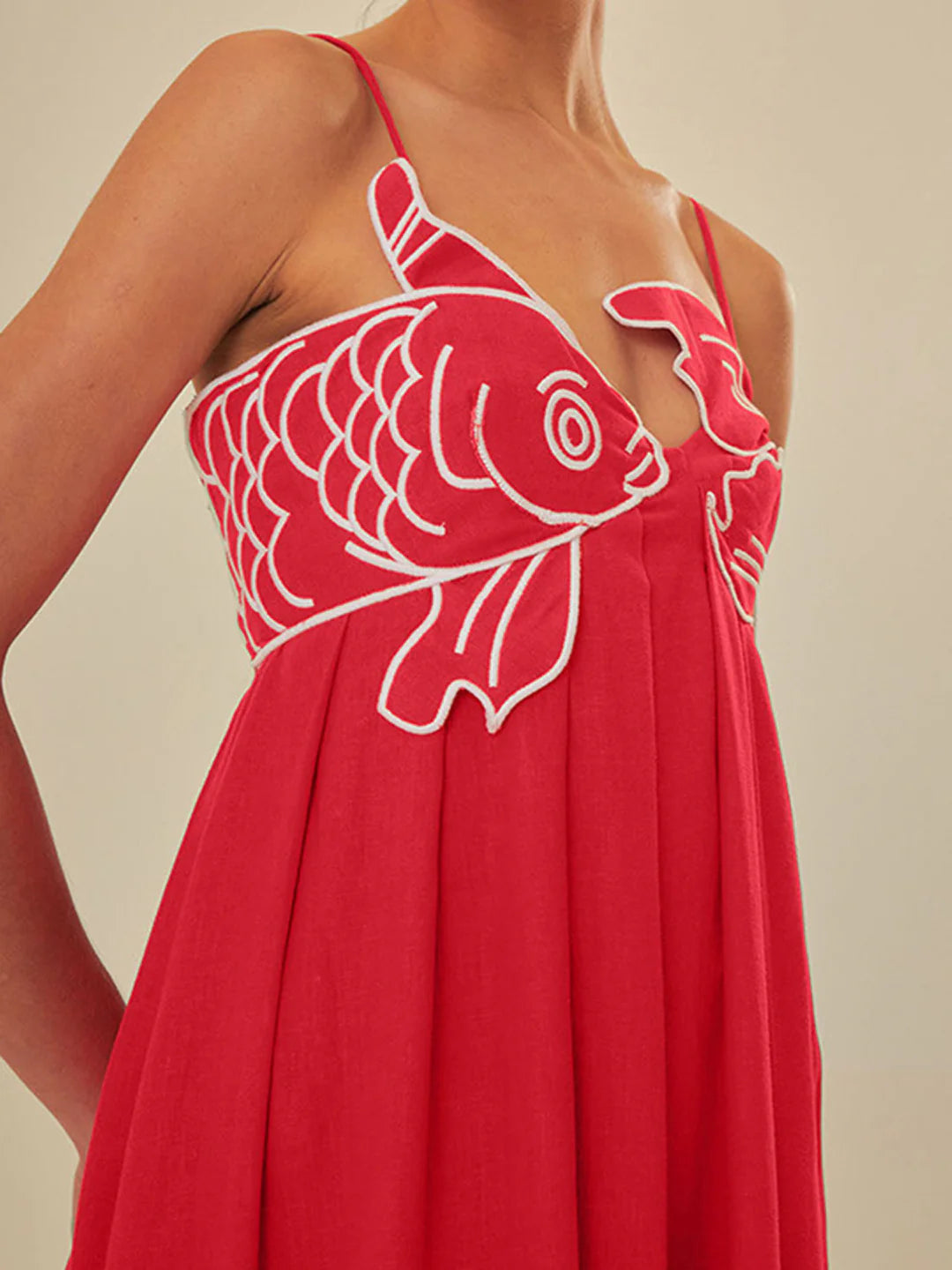 Embroidered Fish Spaghetti Strap Midi Dress - LA FEMME WANDERER