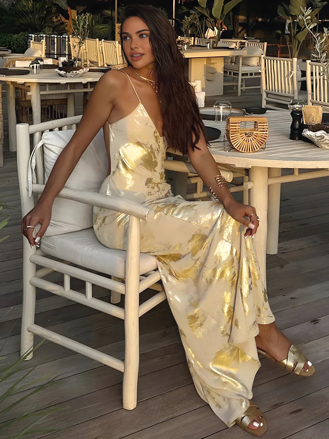 Metallic Print V-Neck Backless Slip Long Dress | LA FEMME WANDERER Metallic Print V-Neck Backless Slip Long Dress | LA FEMME WANDERER