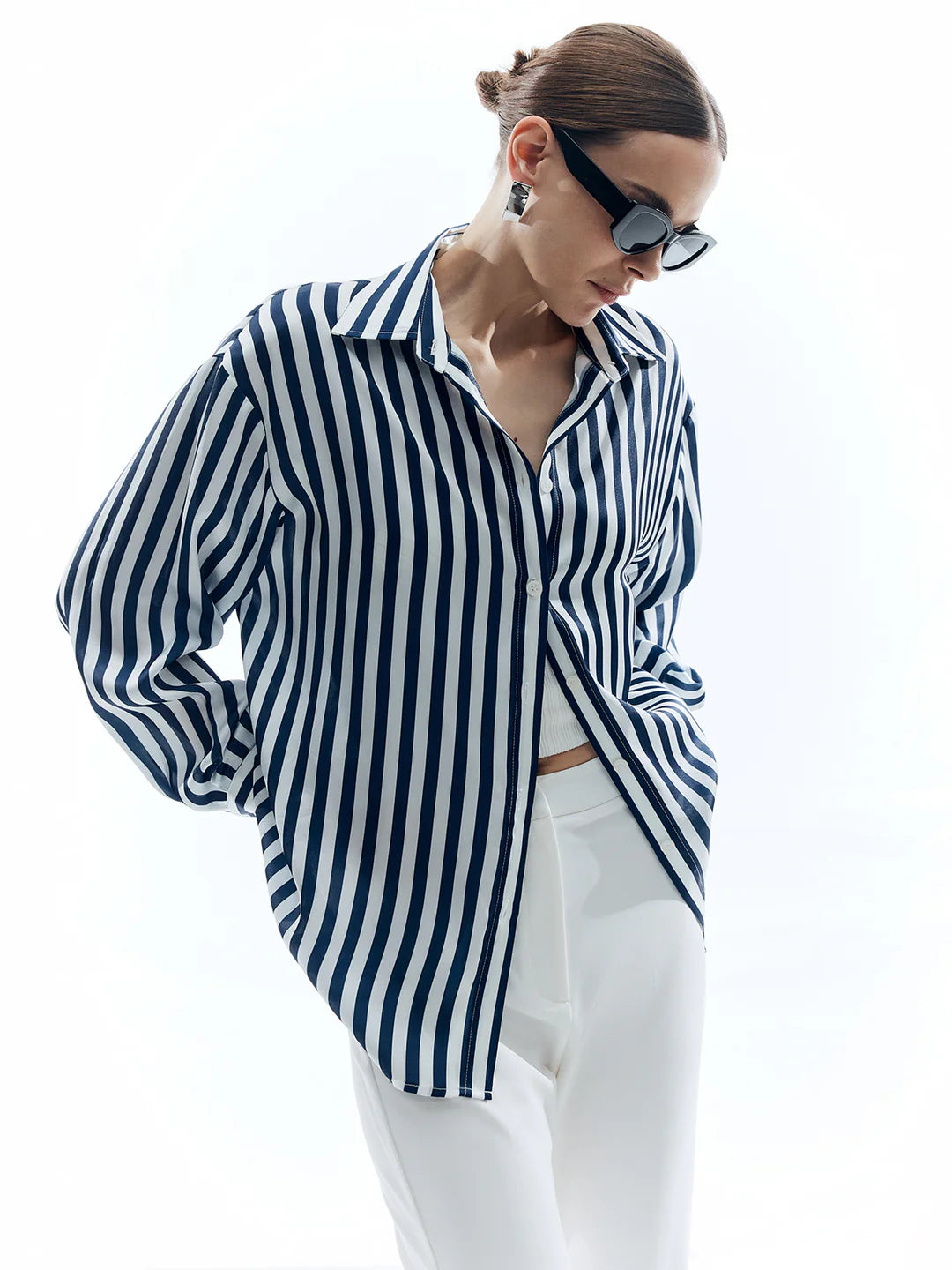 Elegant Style Shift Stripe Turndown Collar Shirt - LA FEMME WANDERER