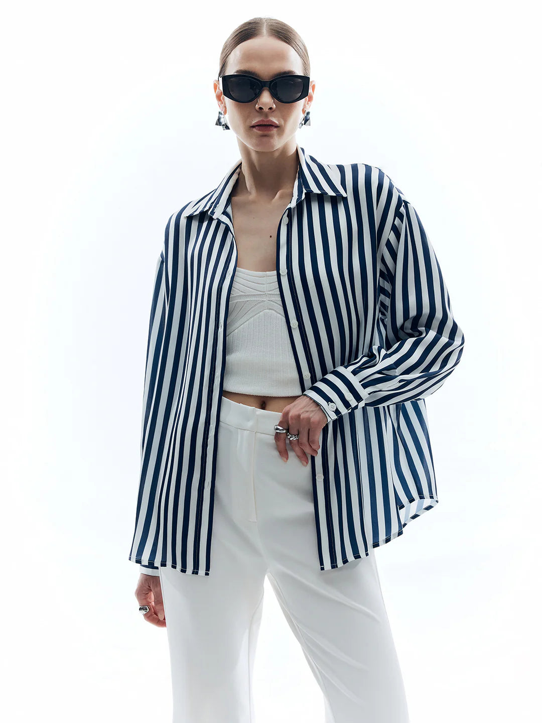 Elegant Style Shift Stripe Turndown Collar Shirt - LA FEMME WANDERER