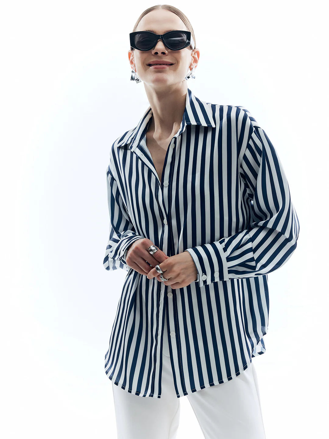 Elegant Style Shift Stripe Turndown Collar Shirt - LA FEMME WANDERER