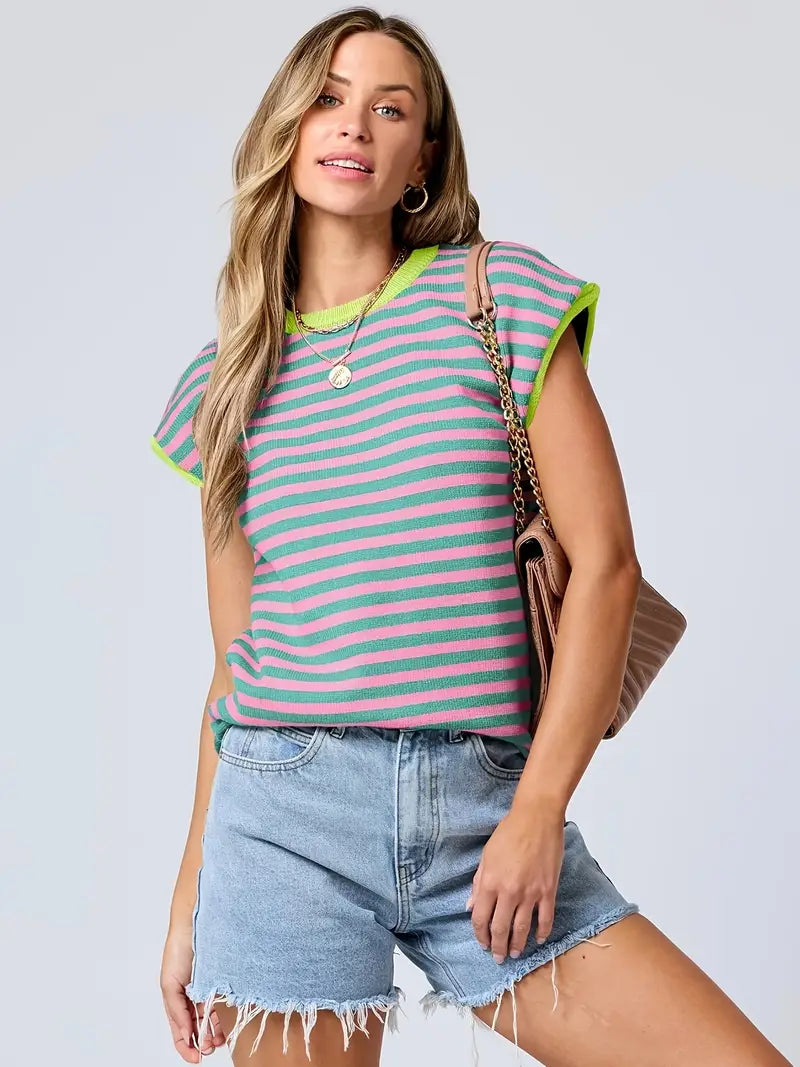 Contrast Color Round Neck Striped Knitted Top - LA FEMME WANDERER