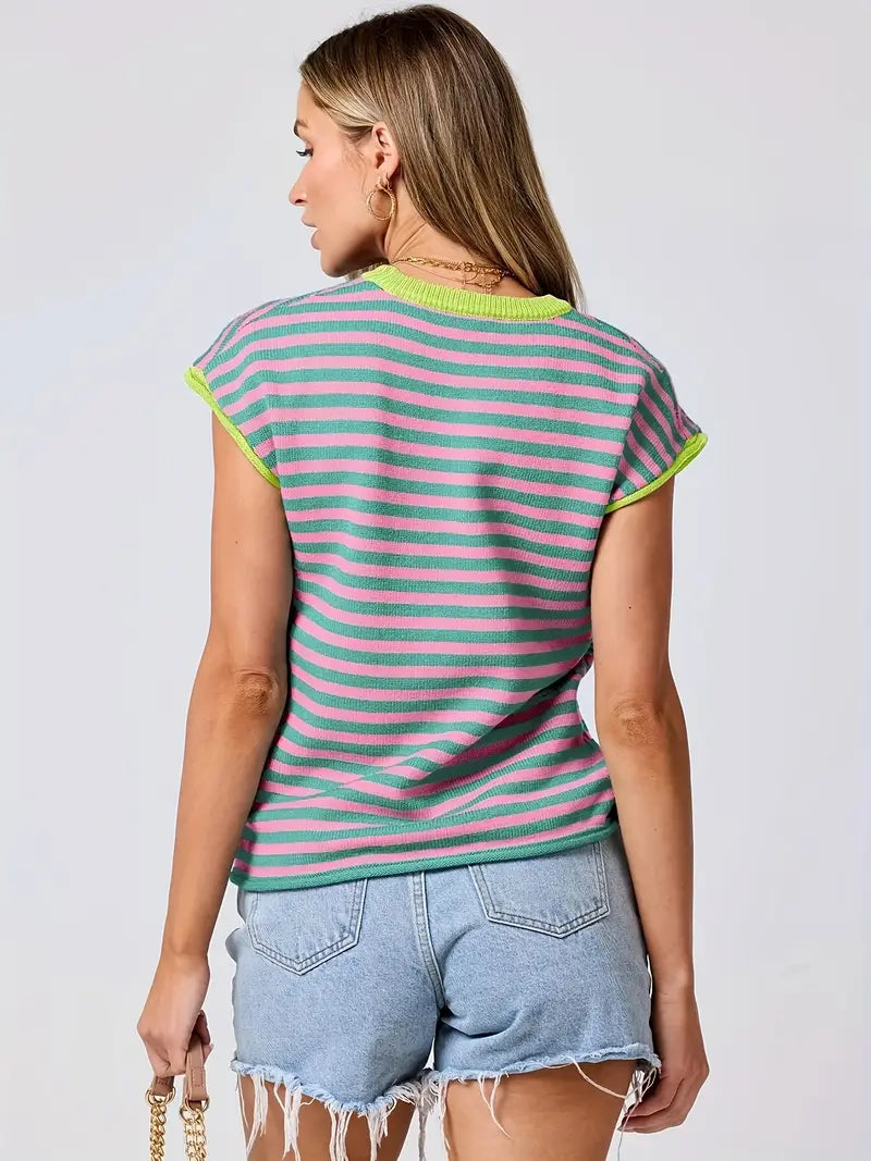 Contrast Color Round Neck Striped Knitted Top - LA FEMME WANDERER