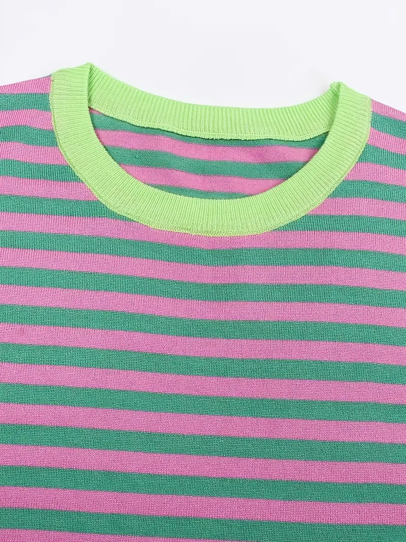 Contrast Color Round Neck Striped Knitted Top - LA FEMME WANDERER