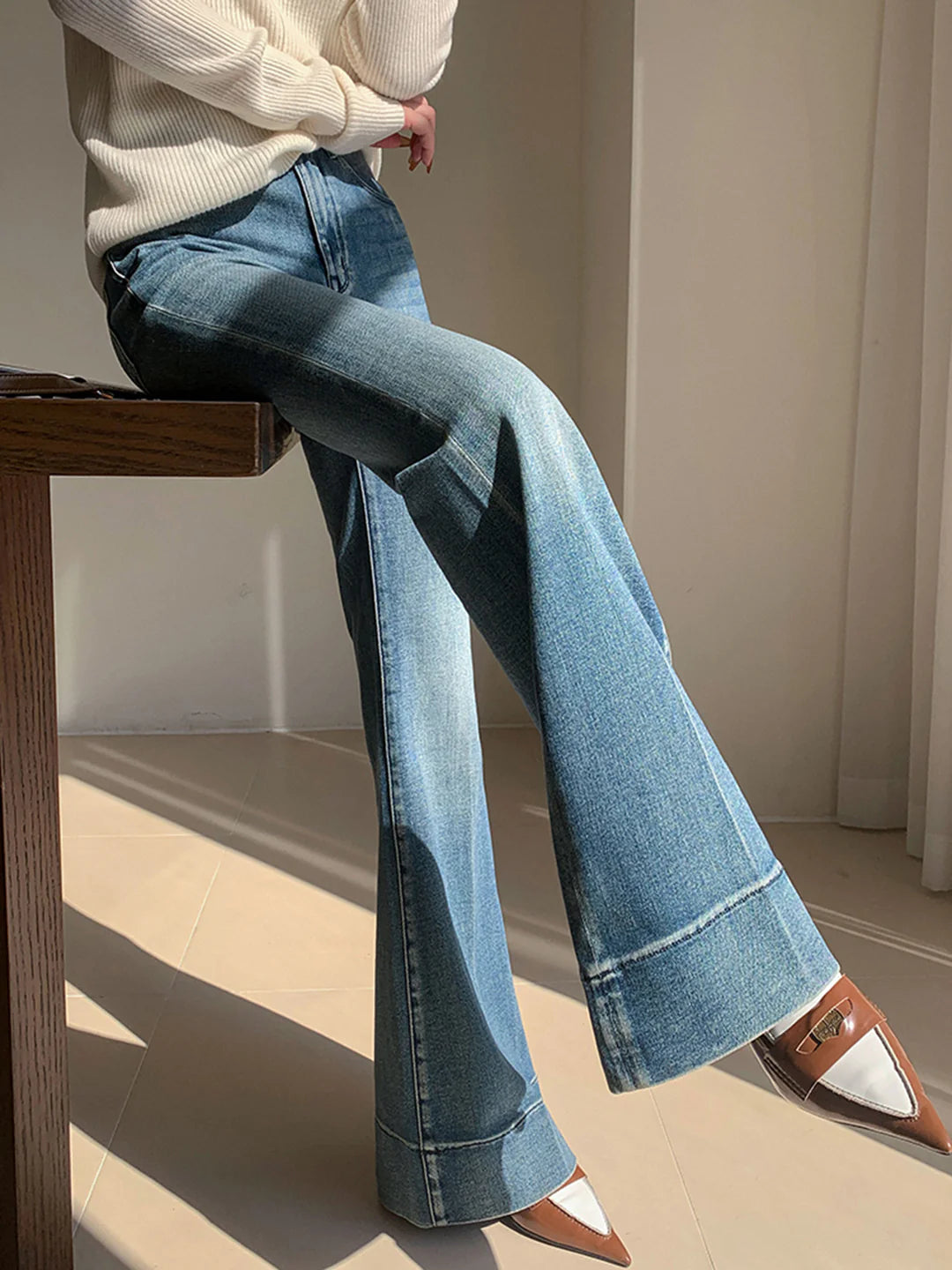 Washed Slim Draped Denim Pants - LA FEMME WANDERER