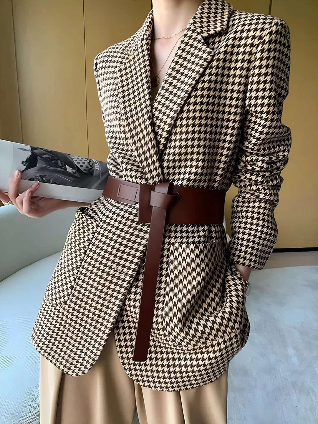 Elegant Style Houndstooth Split Blazer With Belt - LA FEMME WANDERER