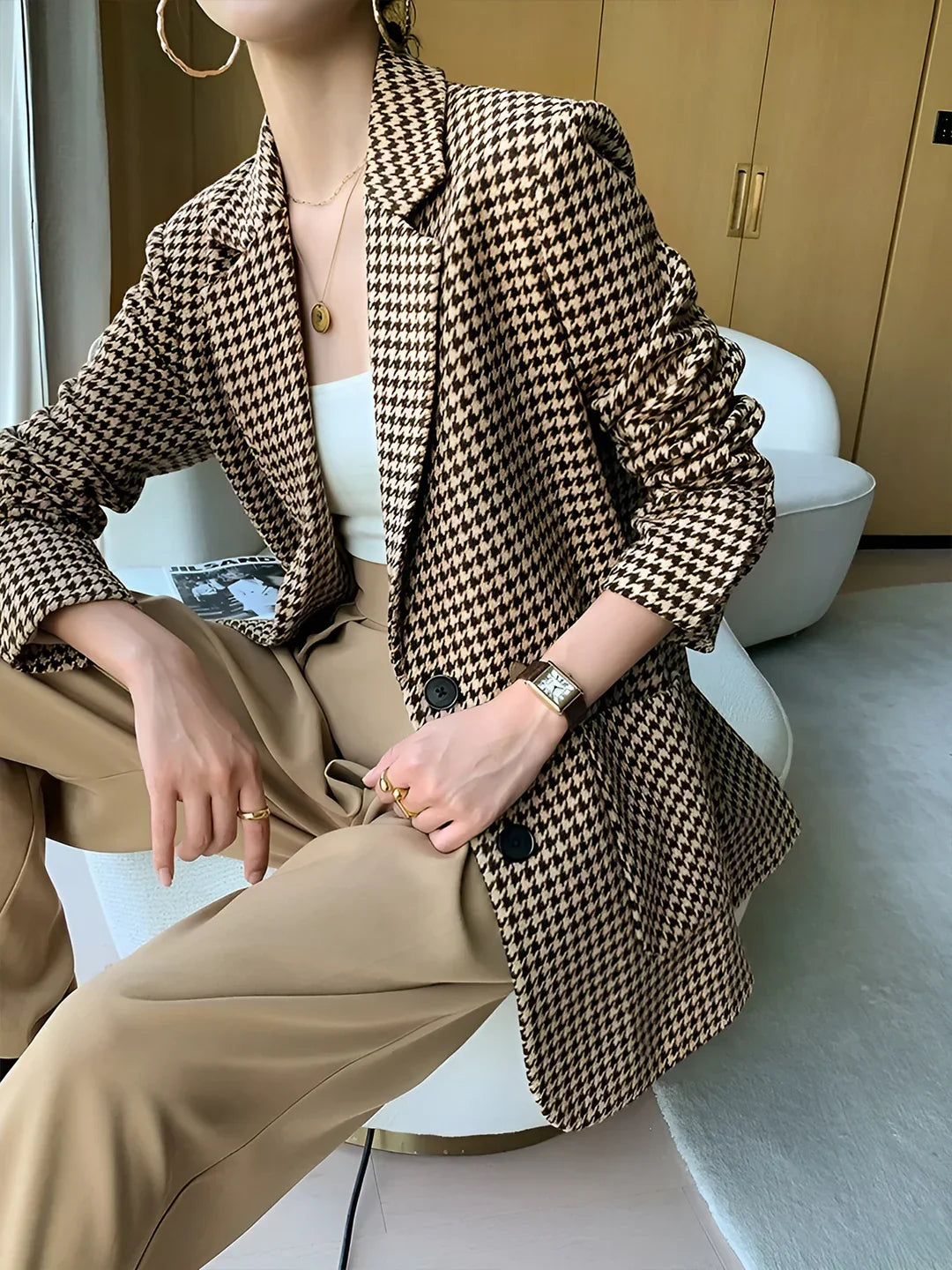 Elegant Style Houndstooth Split Blazer With Belt