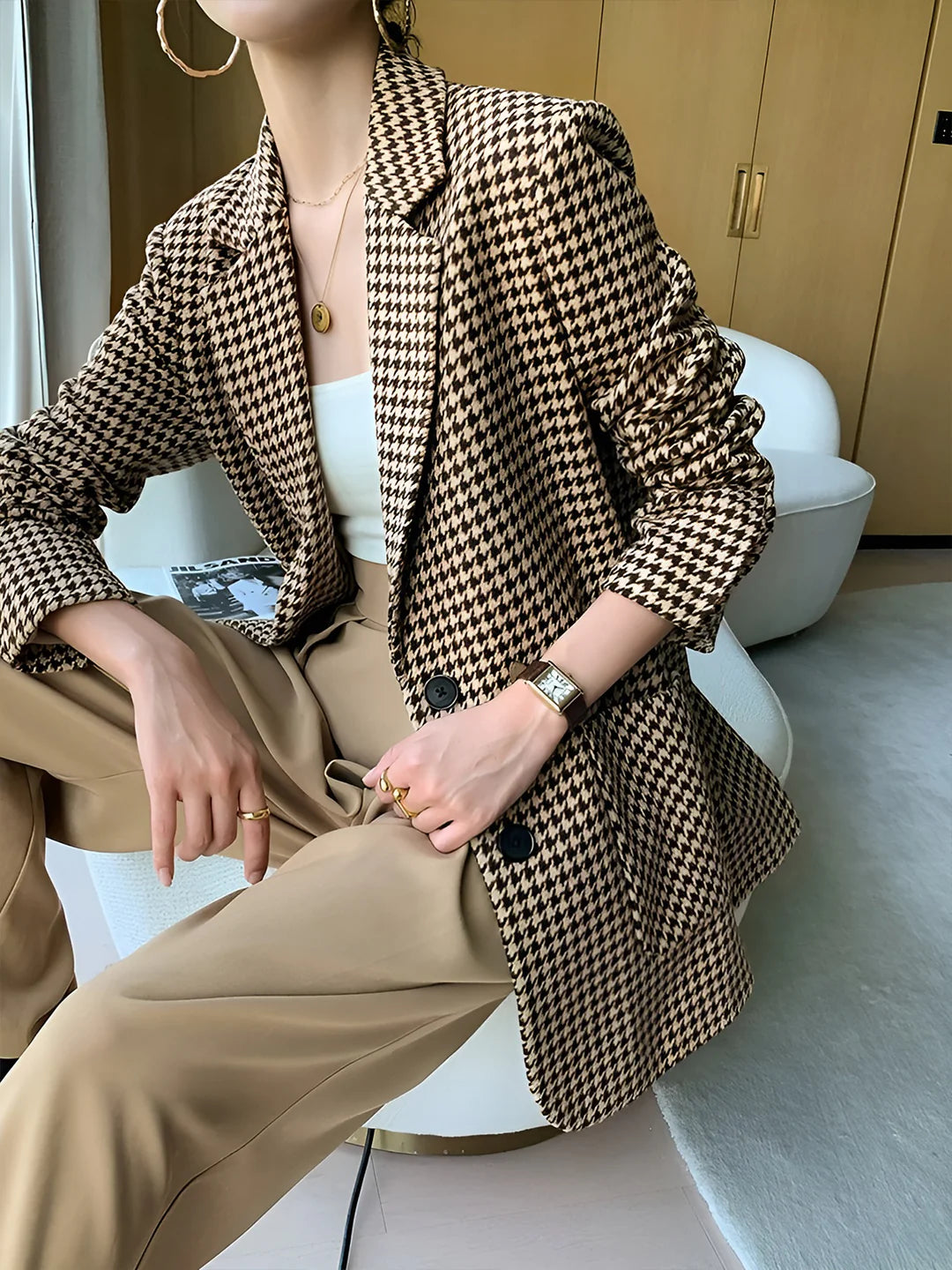 Elegant Style Houndstooth Split Blazer With Belt - LA FEMME WANDERER