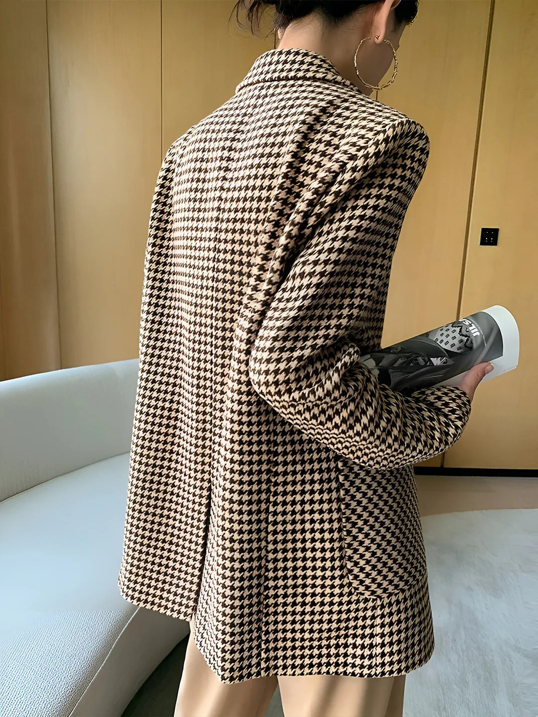 Elegant Style Houndstooth Split Blazer With Belt - LA FEMME WANDERER