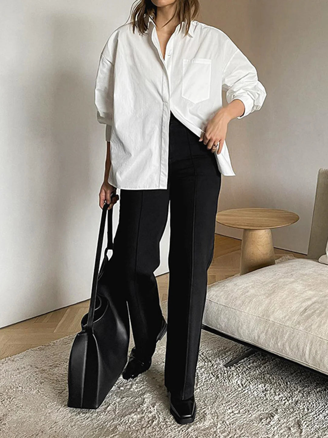 Mid-Length Minimalist Button Down Shirt - LA FEMME WANDERER