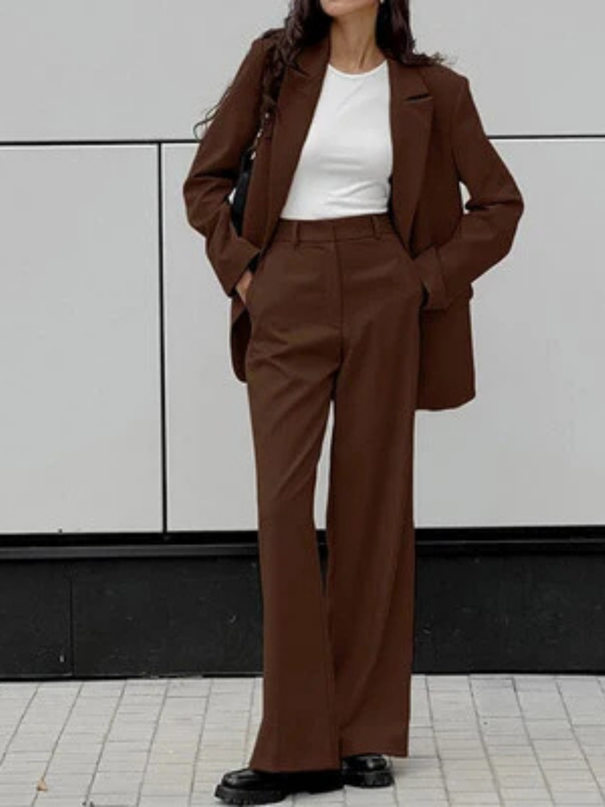 Mocha Vintage Blazer & Wide-leg Pants Matching Set - LA FEMME WANDERER