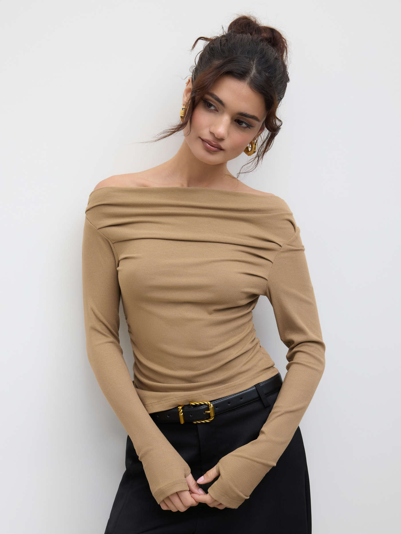 Solid Asymmetrical Neck Long Sleeve Top