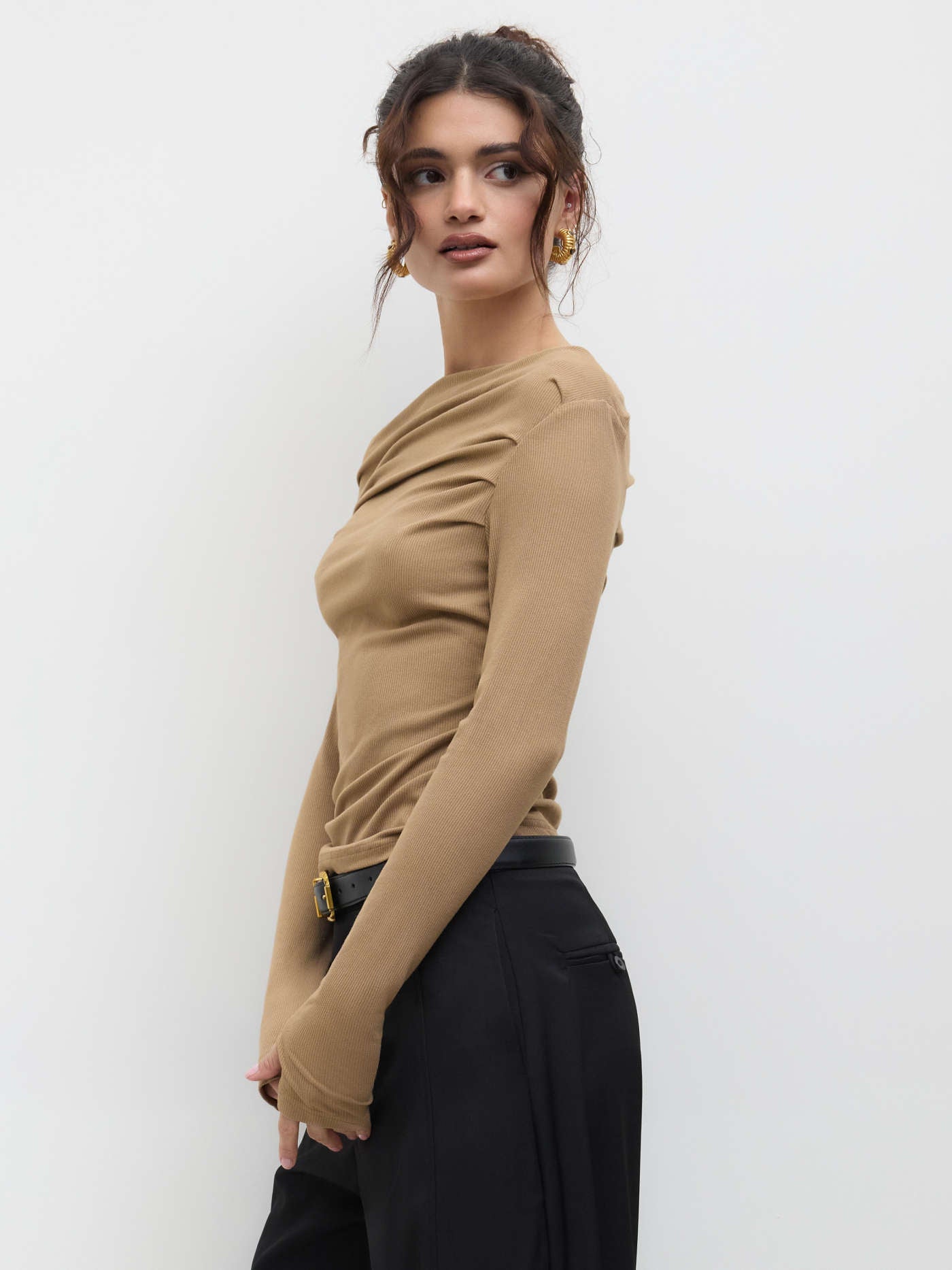 Solid Asymmetrical Neck Long Sleeve Top