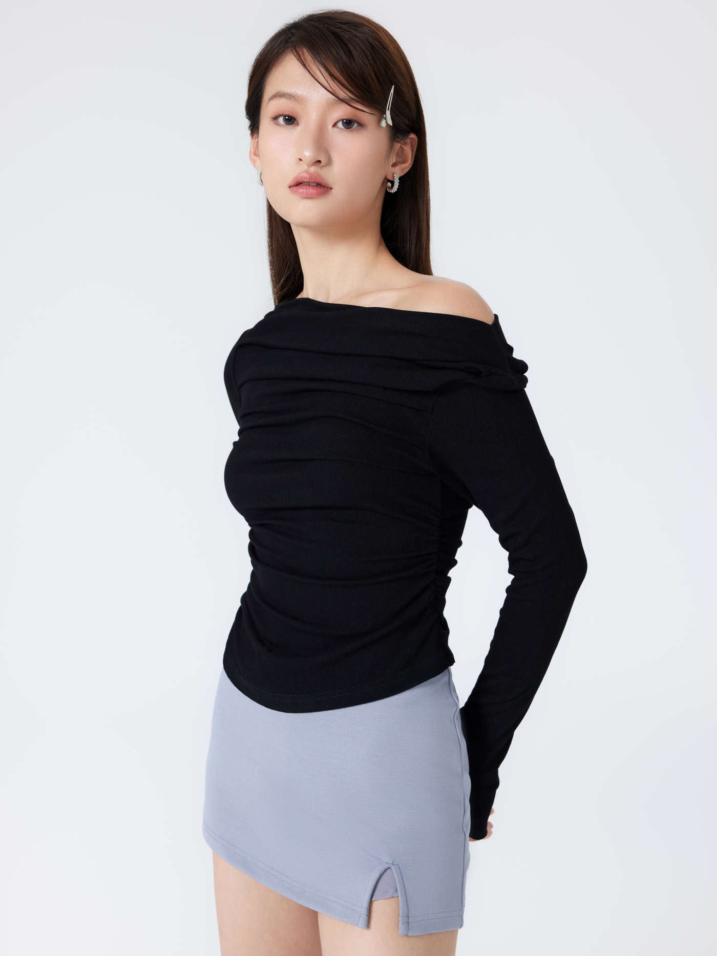 Solid Asymmetrical Neck Long Sleeve Top