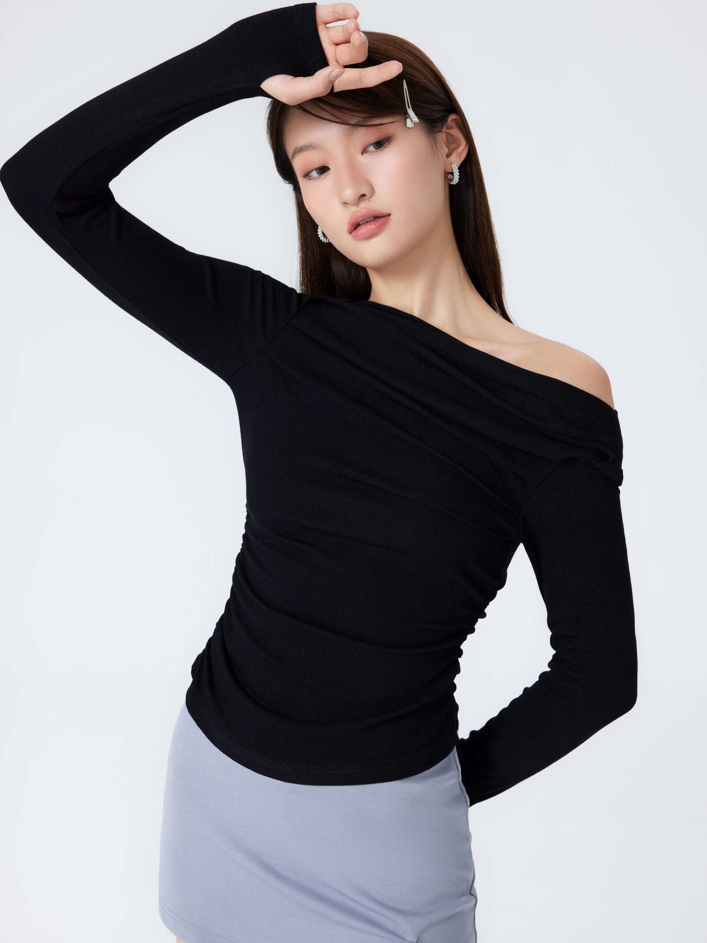 Solid Asymmetrical Neck Long Sleeve Top