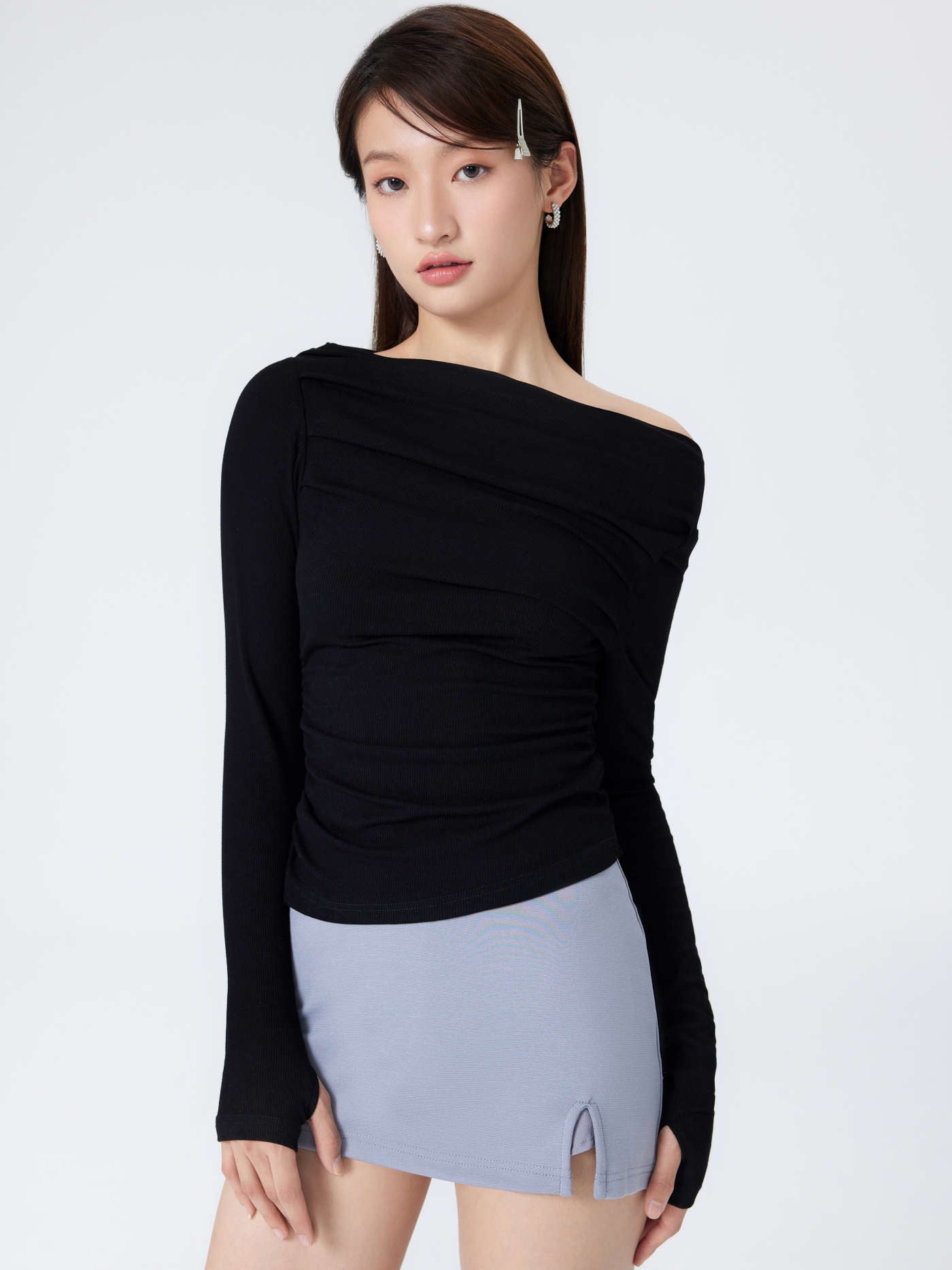 Solid Asymmetrical Neck Long Sleeve Top