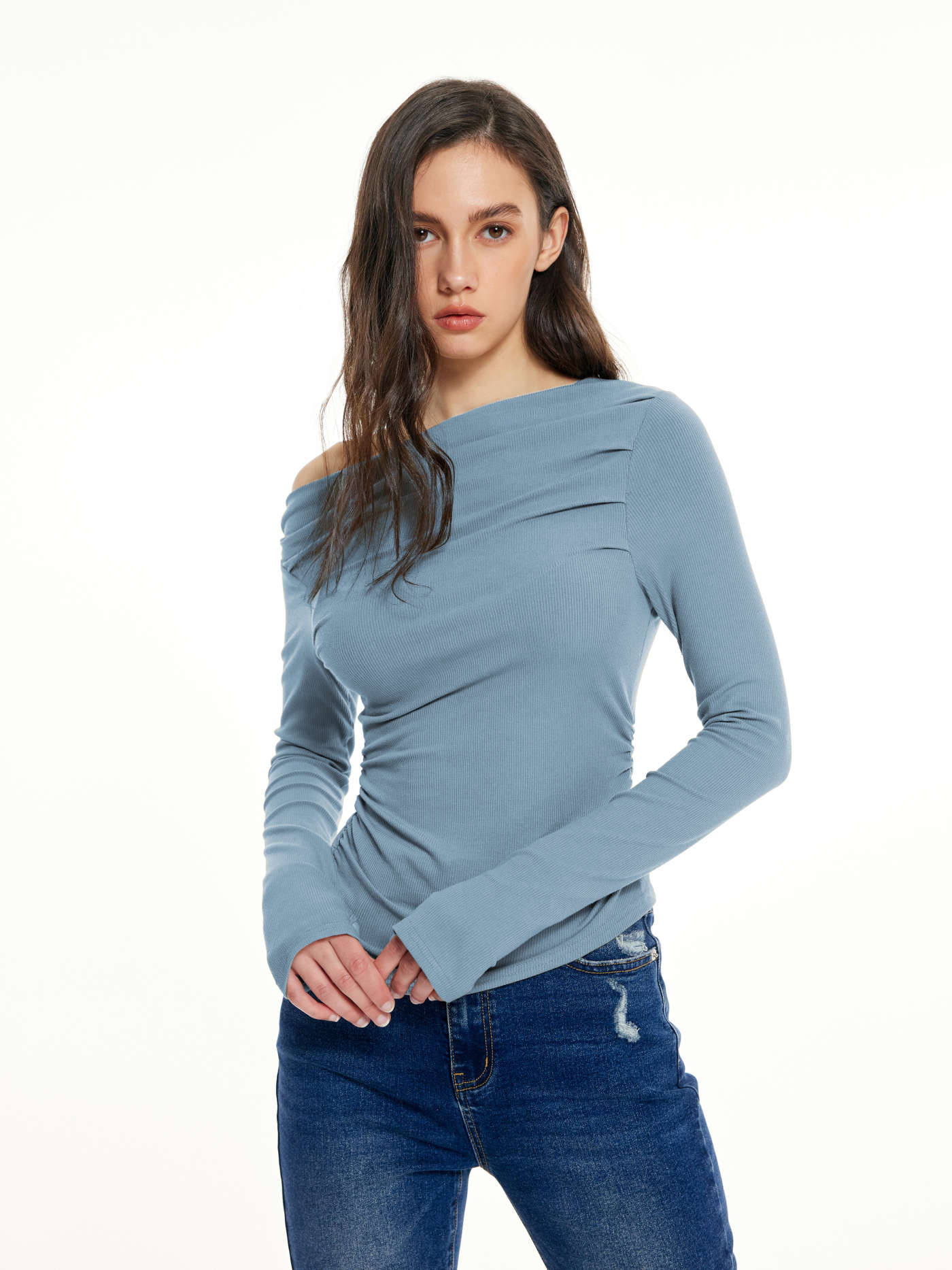 Solid Asymmetrical Neck Long Sleeve Top